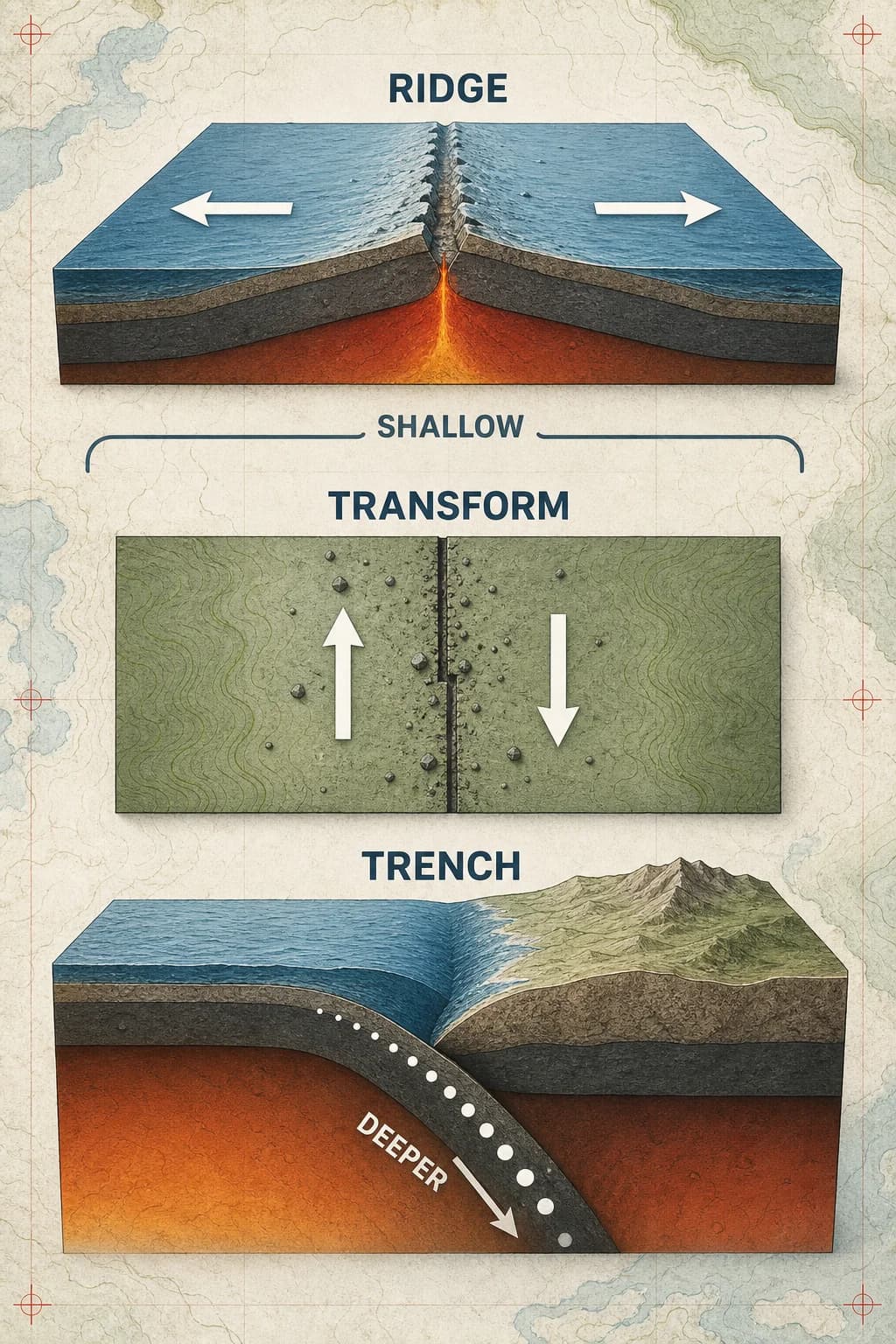 Three SEPARATE panels. Top RIDGE: cross-section, arrows left/right apart. Middle TRANSFORM: top-down, straight vertical fault; left arrow up, right arrow down, parallel to fault; not across it. One SHALLOW brace spans top and middle. Bottom TRENCH: slab dots grow DEEPER.