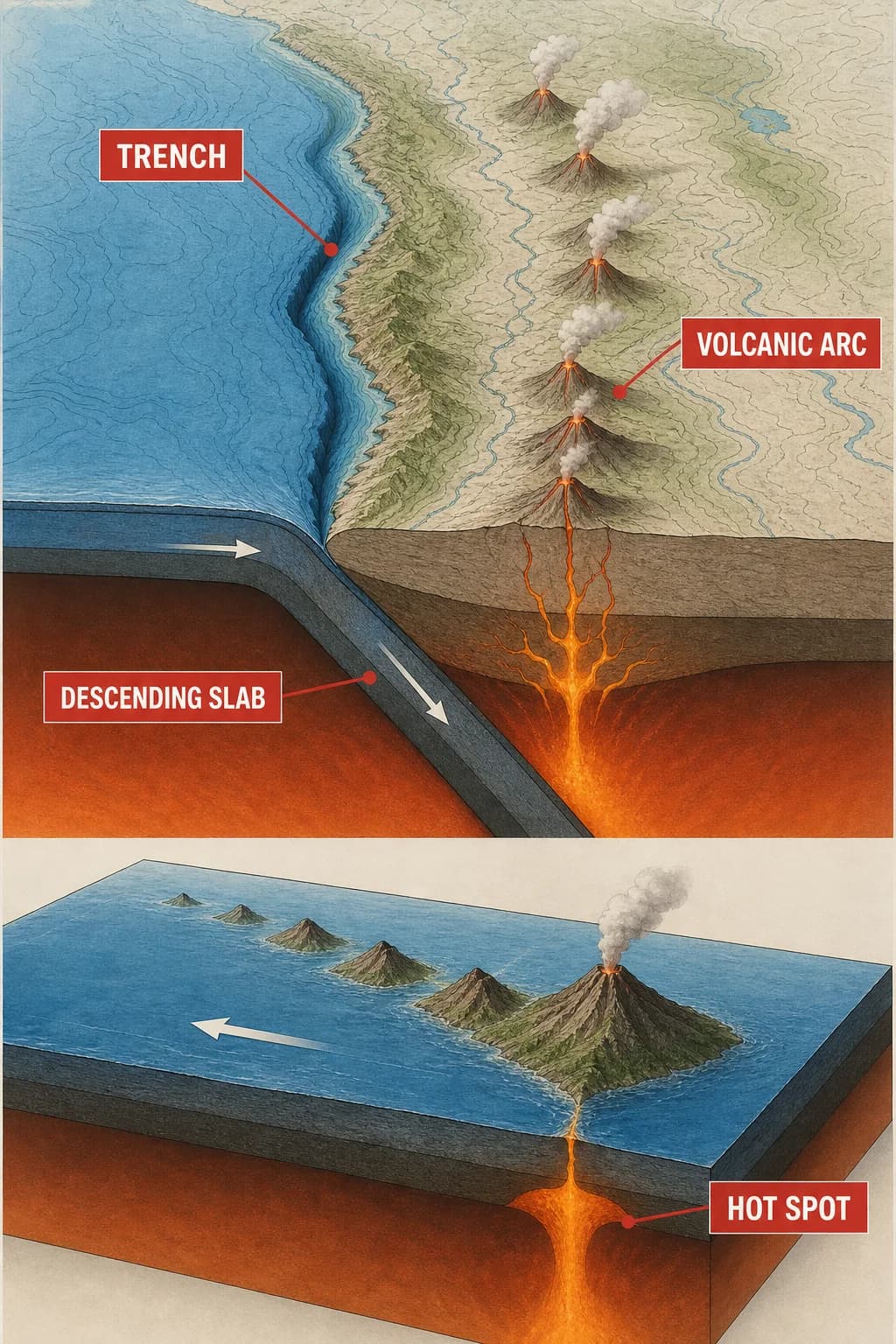 A combined map aligns a trench, deepening earthquake zone, and inland volcanic arc, then contrasts one isolated hot-spot chain inside a plate.