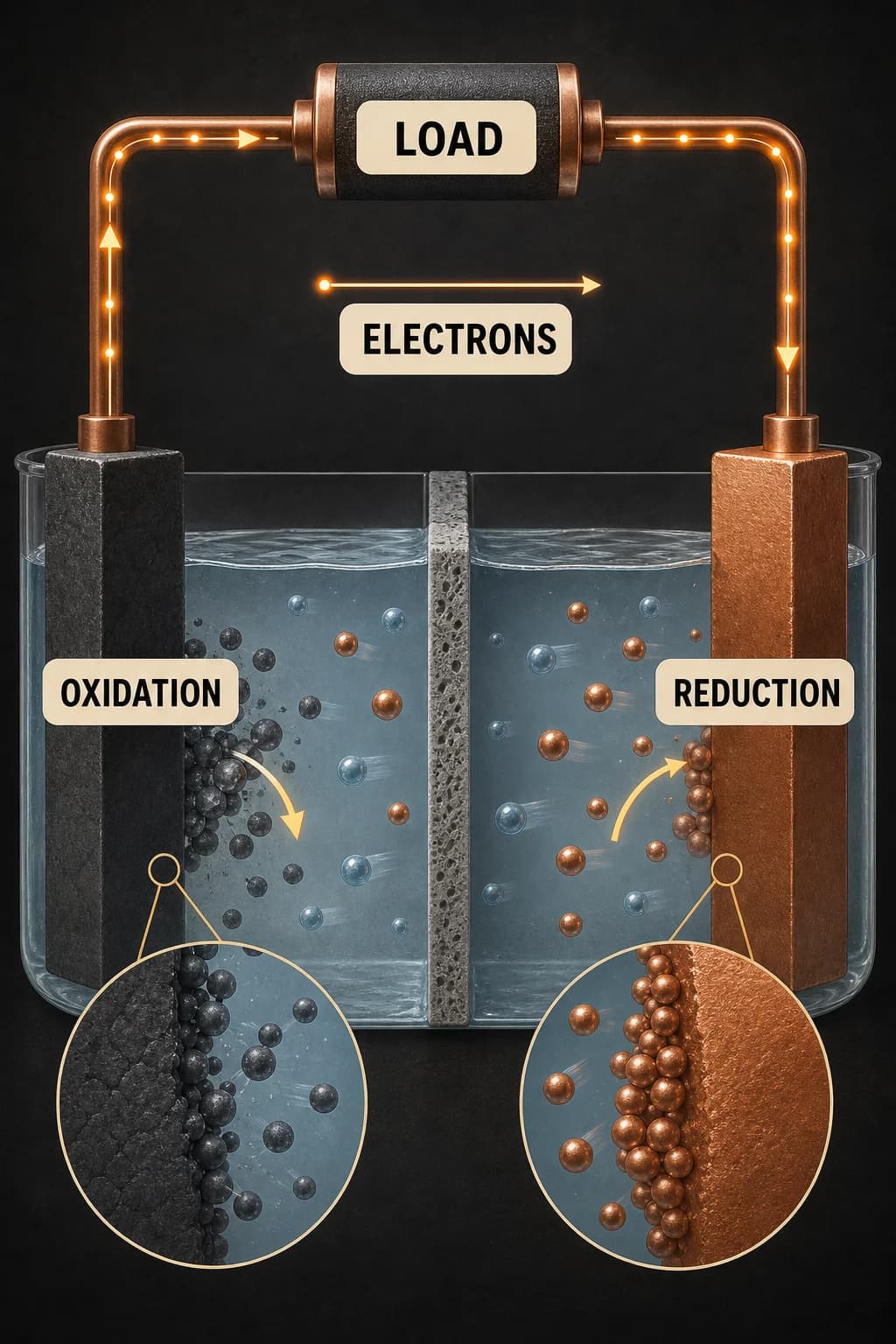 Two unlike electrodes separated by electrolyte create terminal voltage; closing an external load gives electrons a path and lets paired oxidation and reduction proceed together.