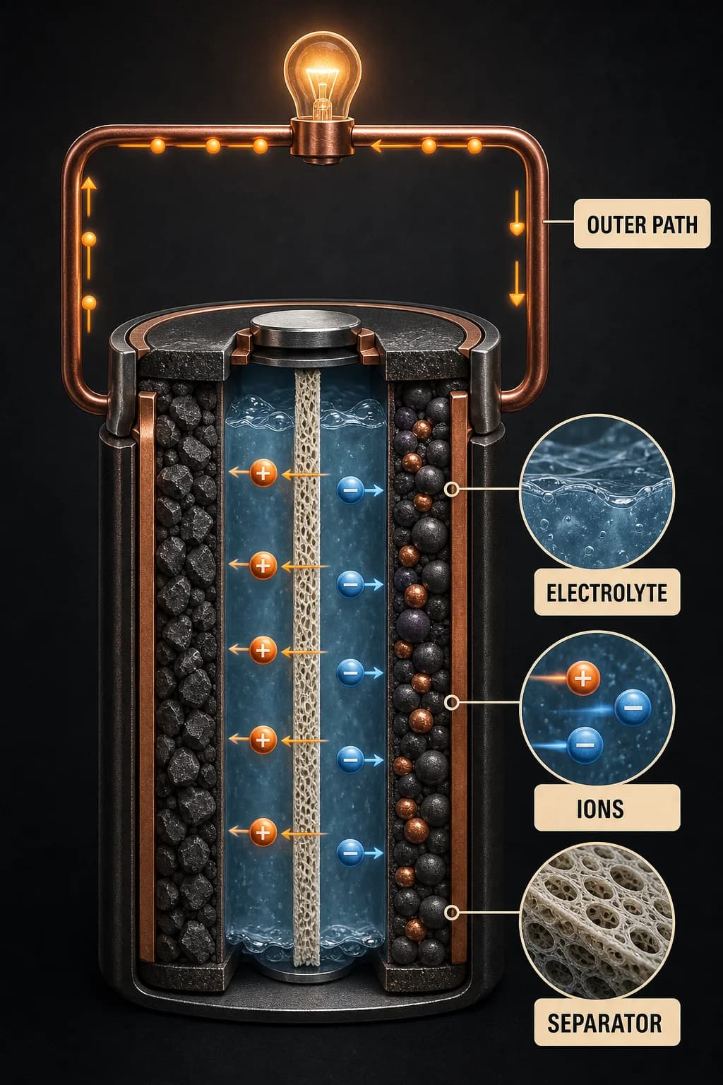 A closed circuit shows electrons taking the outer wire through a load while positive and negative ionic motion completes the inner path through electrolyte and a porous separator; a blockage on either path stops both.