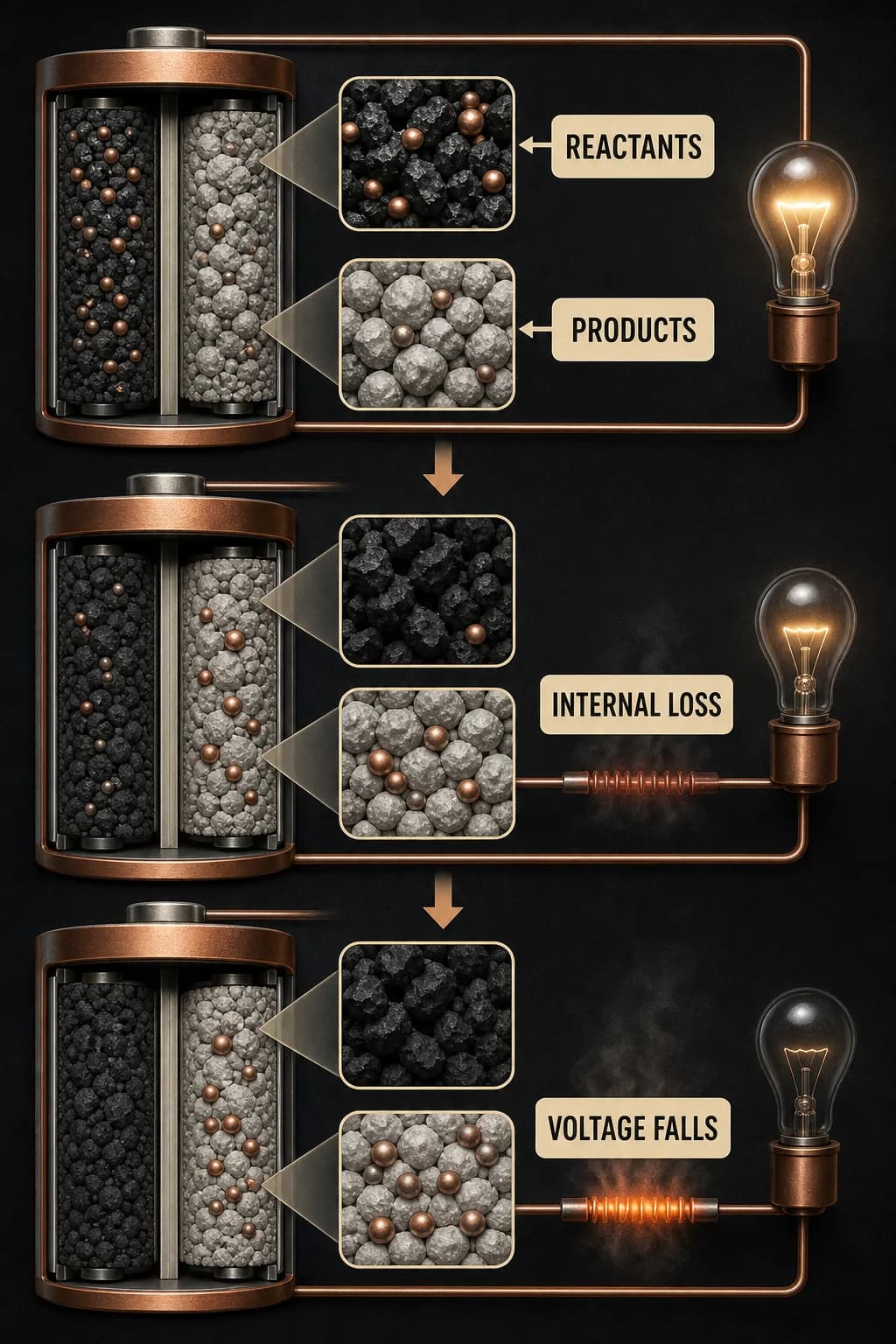 Three discharge states show reactants becoming products, concentration gradients steepening, and internal resistance growing; terminal voltage under the same load falls before the cell is chemically empty.