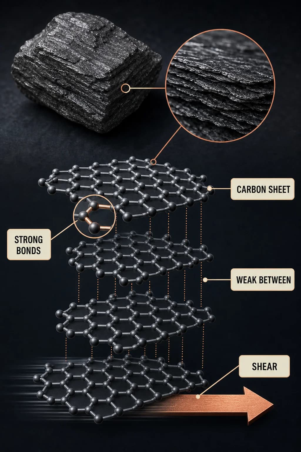 A graphite particle is enlarged into stacked hexagonal carbon sheets: strong bonds span each sheet while a shear arrow slides neighboring sheets past weaker interlayer contacts.
