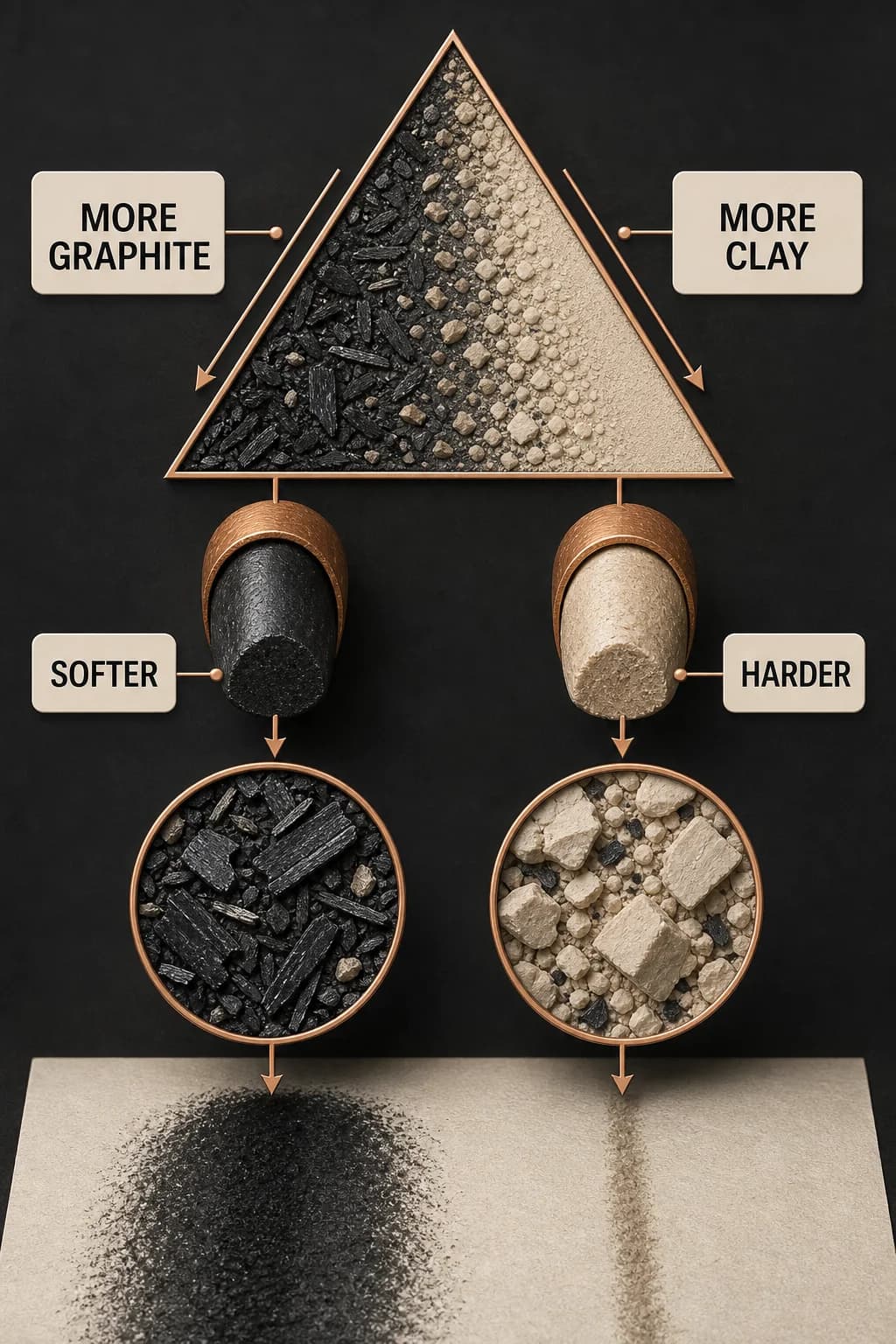 A mixing triangle varies graphite and clay before firing; the graphite-rich core leaves a broad dark deposit, while the clay-rich core wears less and leaves a narrow light deposit.