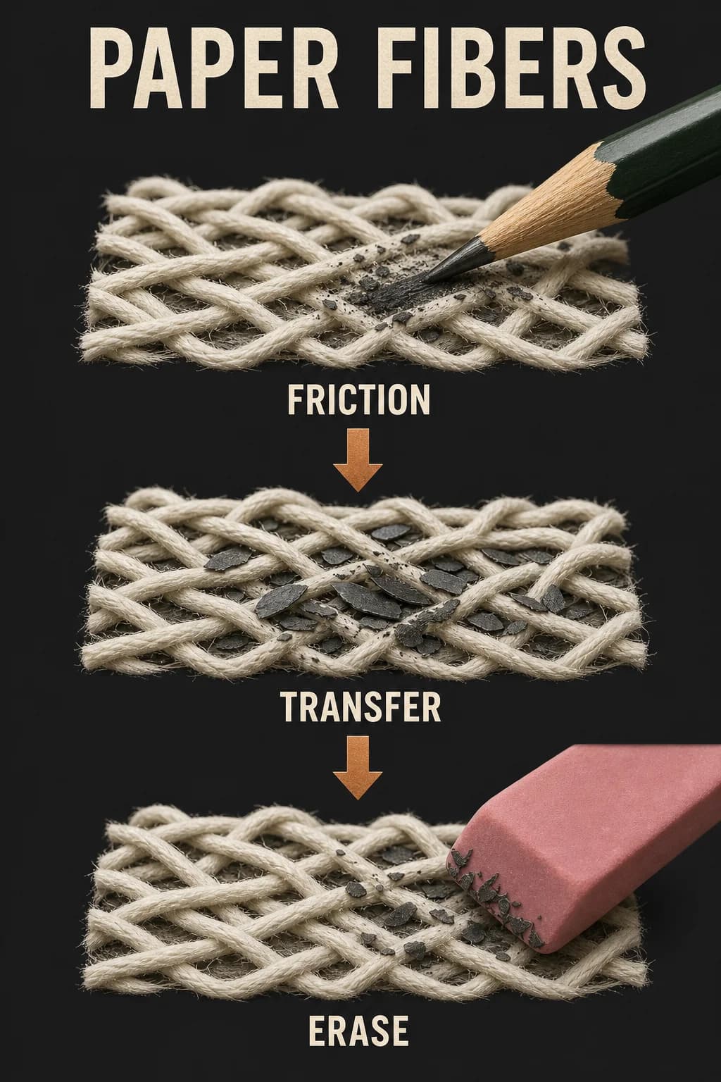 A pencil tip crosses a magnified paper-fiber landscape; rough peaks shear particles from the core, dark platelets lodge in valleys and on fibers, then an eraser lifts the shallow deposit.