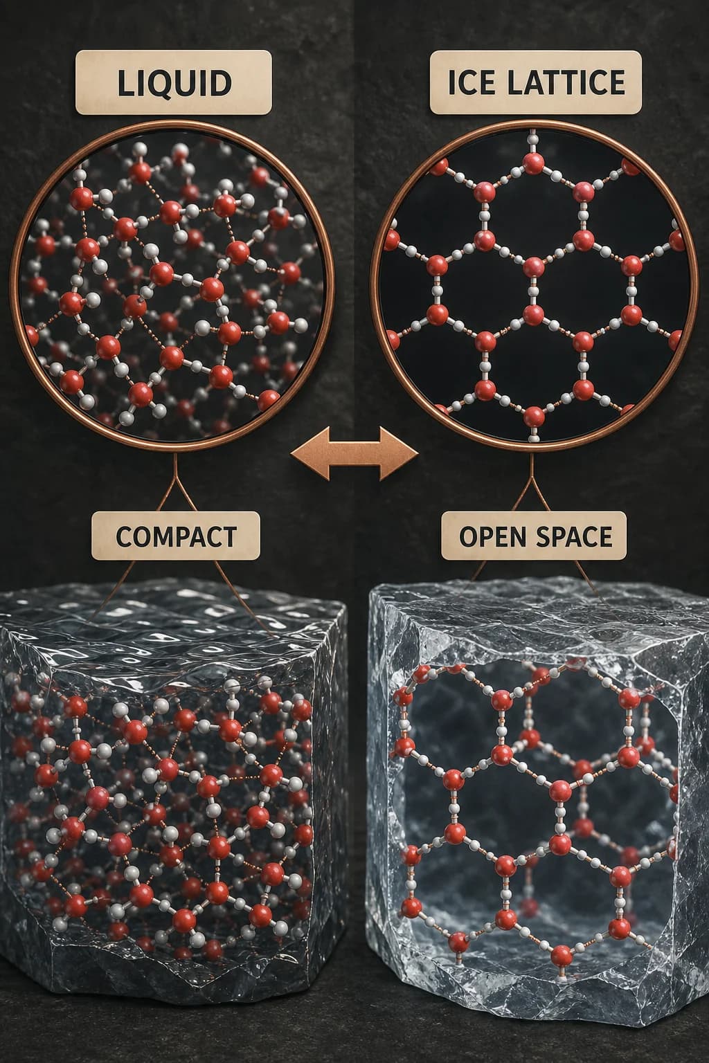 Compare equal numbers of water molecules: a compact, constantly rearranging liquid network beside a spacious ordered hexagonal ice lattice with clearly visible open cavities.