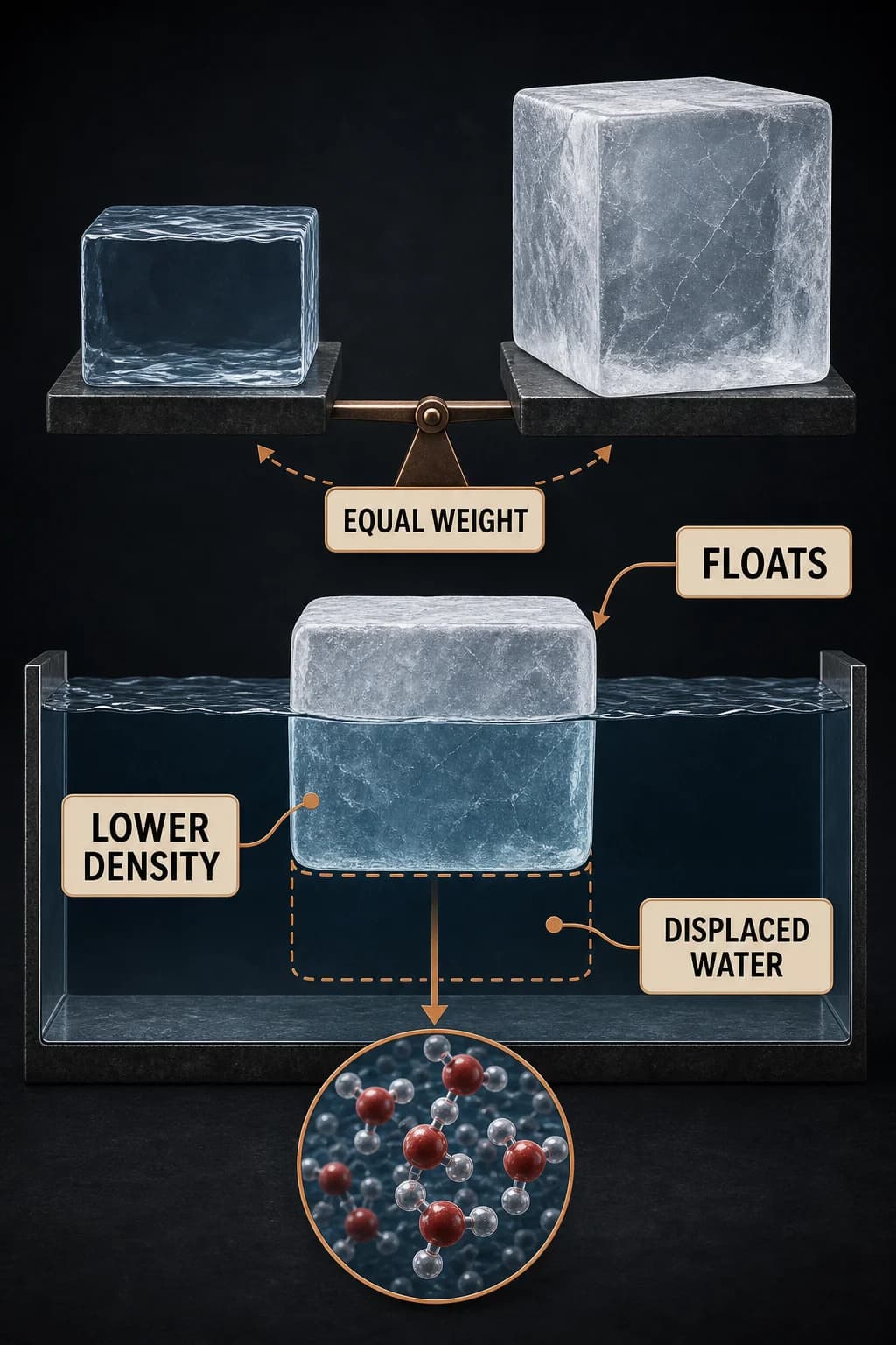 Equal-mass blocks of liquid water and ice are compared by volume; the larger ice block floats until its submerged portion displaces an equal weight of liquid, leaving a smaller portion above water.