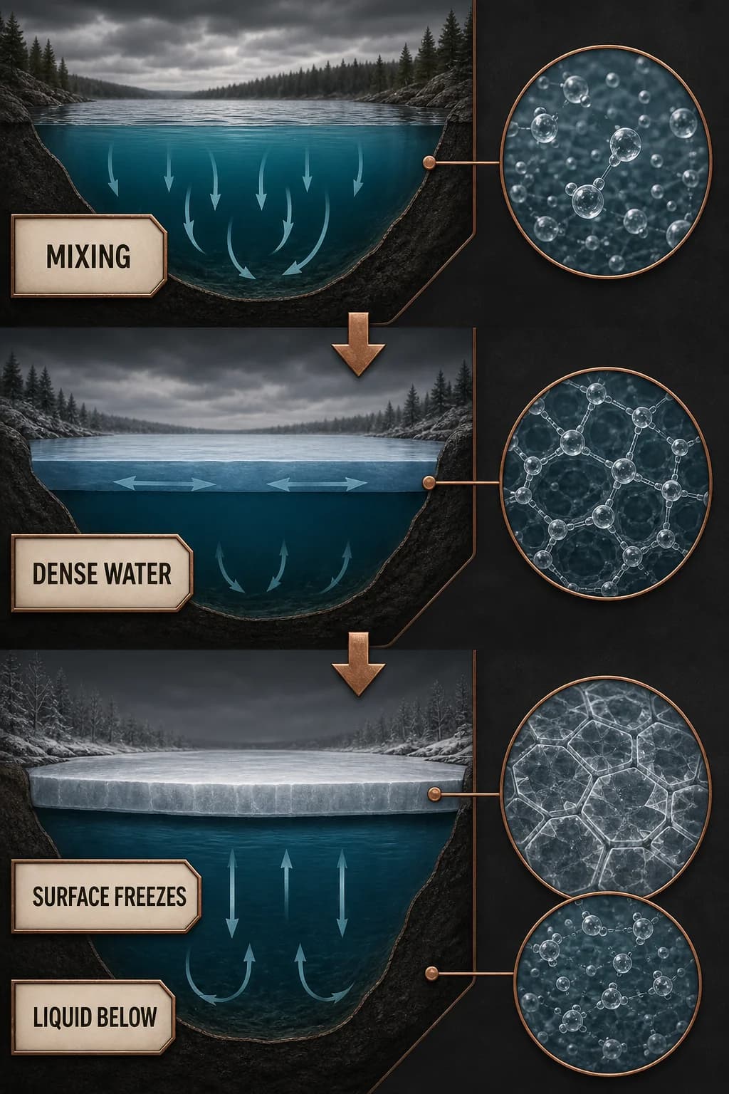 A lake cools through three stages: dense cool water mixes downward, colder low-density surface water stays above, then a floating ice lid forms over liquid water with circulation below.