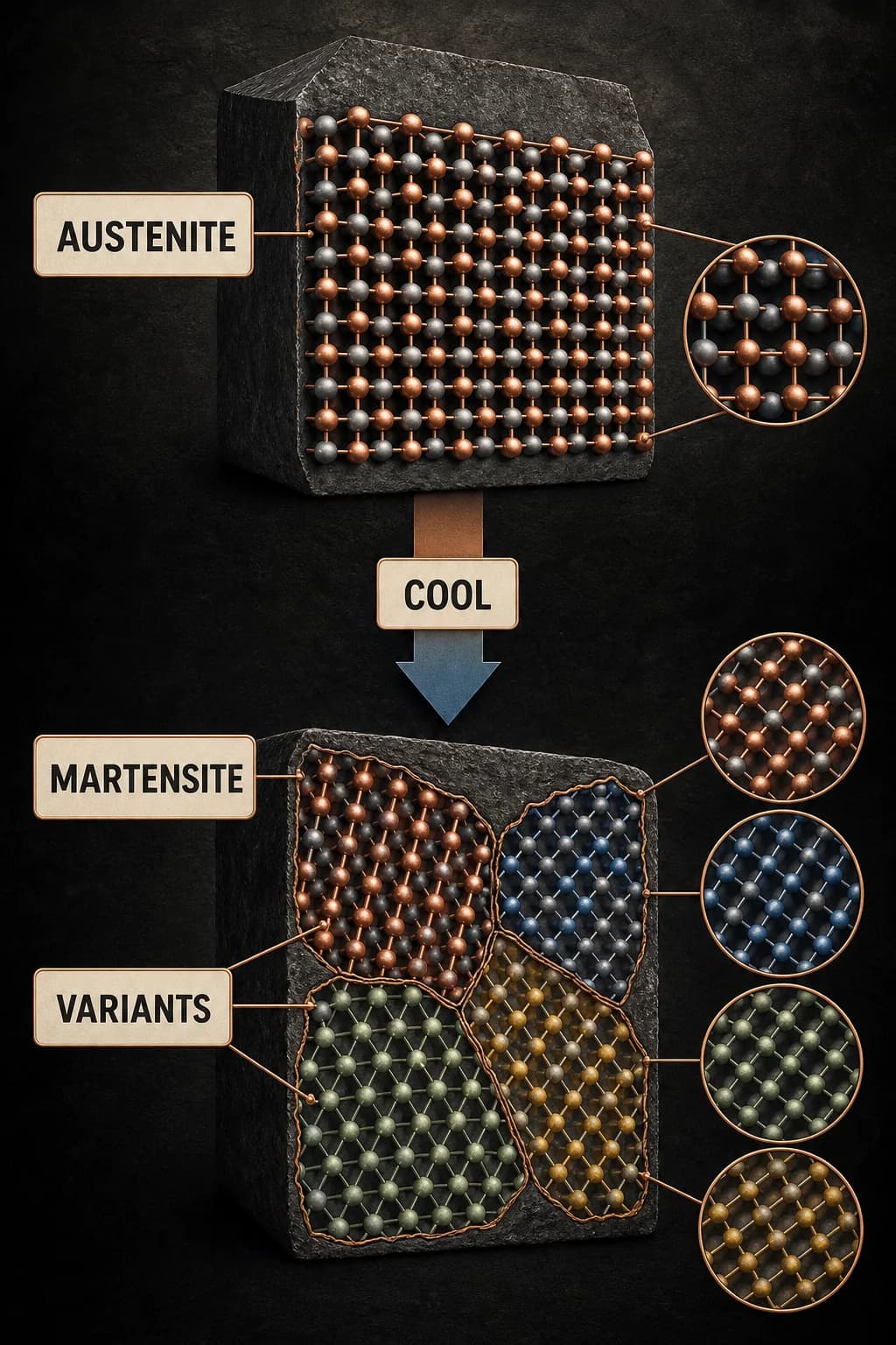 A single alloy lattice cools from one orderly high-temperature austenite pattern into several interlocking martensite variants without becoming liquid.