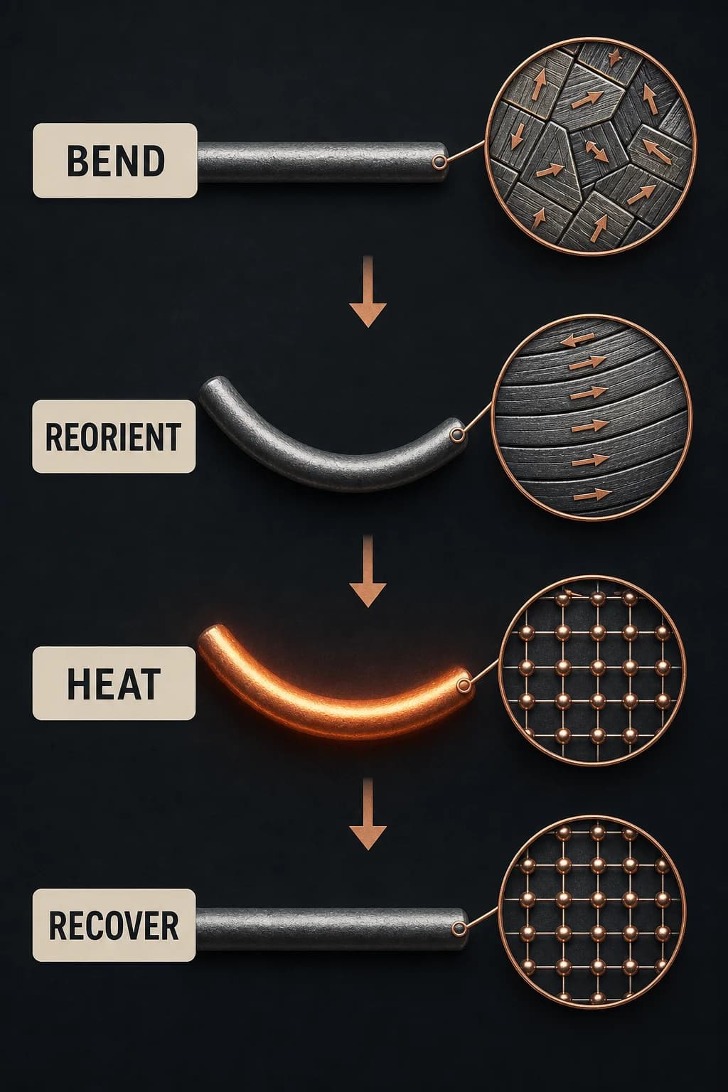 A cool straight wire with mixed martensite variants is bent, its variants align with the bend, then heating transforms the lattice to austenite and returns the trained straight shape.