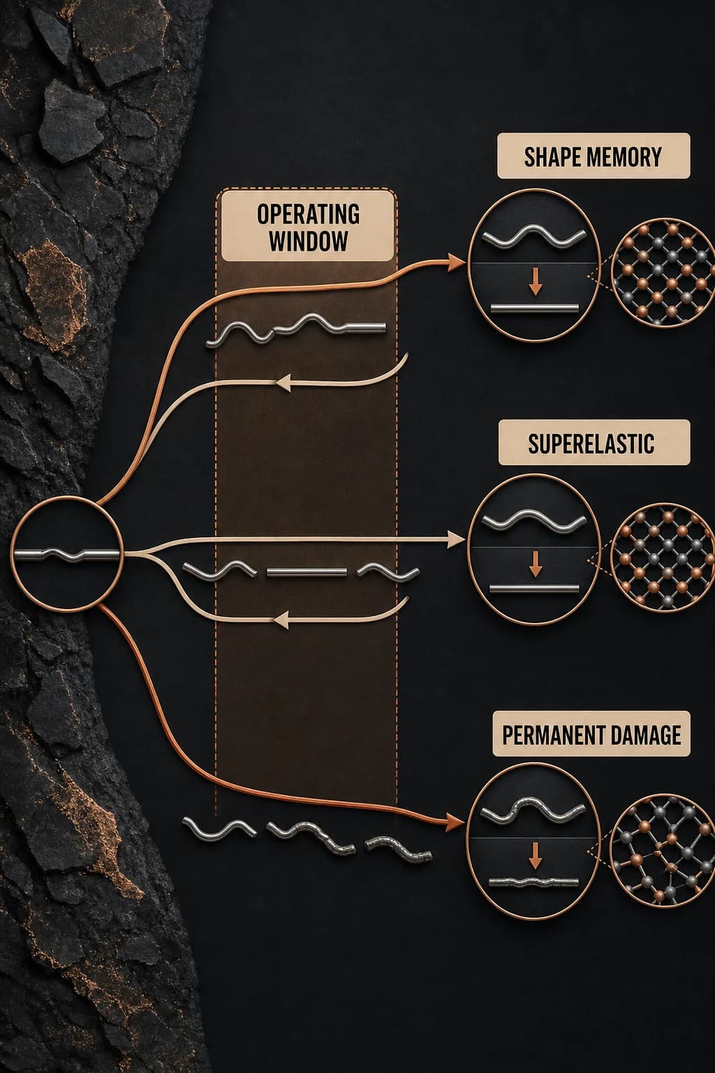 Three paths compare recoverable shape memory, superelastic loading and unloading, and excessive strain that crosses into permanent deformation; a narrow operating window encloses the two reversible paths.