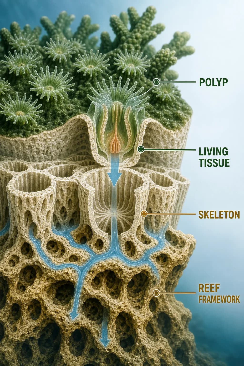 A magnified coral colony cutaway follows many polyps at the living surface into their individual skeletal cups and then the shared older reef framework below.