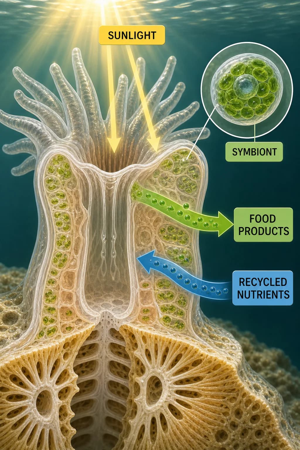 Inside one transparent polyp, sunlight reaches symbiotic cells; photosynthetic products move to coral tissue while carbon dioxide and recycled nutrients return to the symbionts, supporting skeleton growth below.