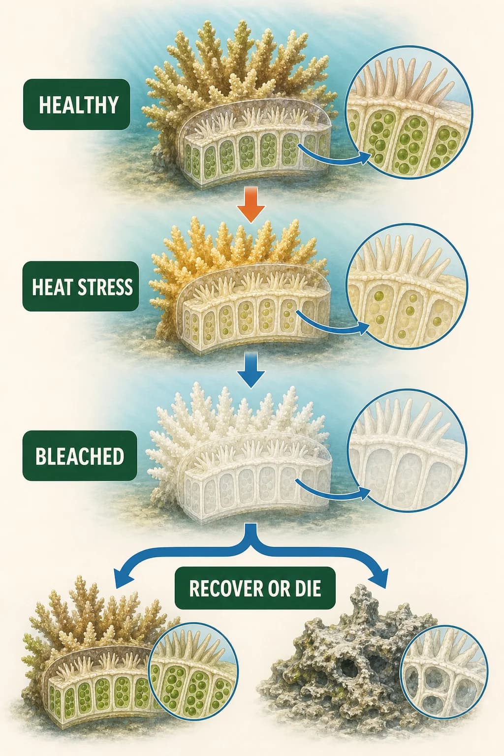 A three-stage coral sequence moves from a healthy symbiosis to heat stress and symbiont loss, then branches toward recovery if stress ends or mortality if stress persists.