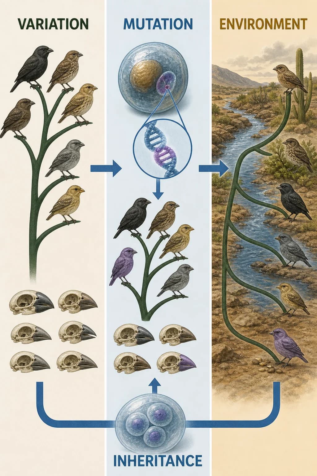 Three separate left-to-right panels: variation already exists; a random mutation is inherited before the environment filter. Never connect environment to mutation or show organisms transforming.