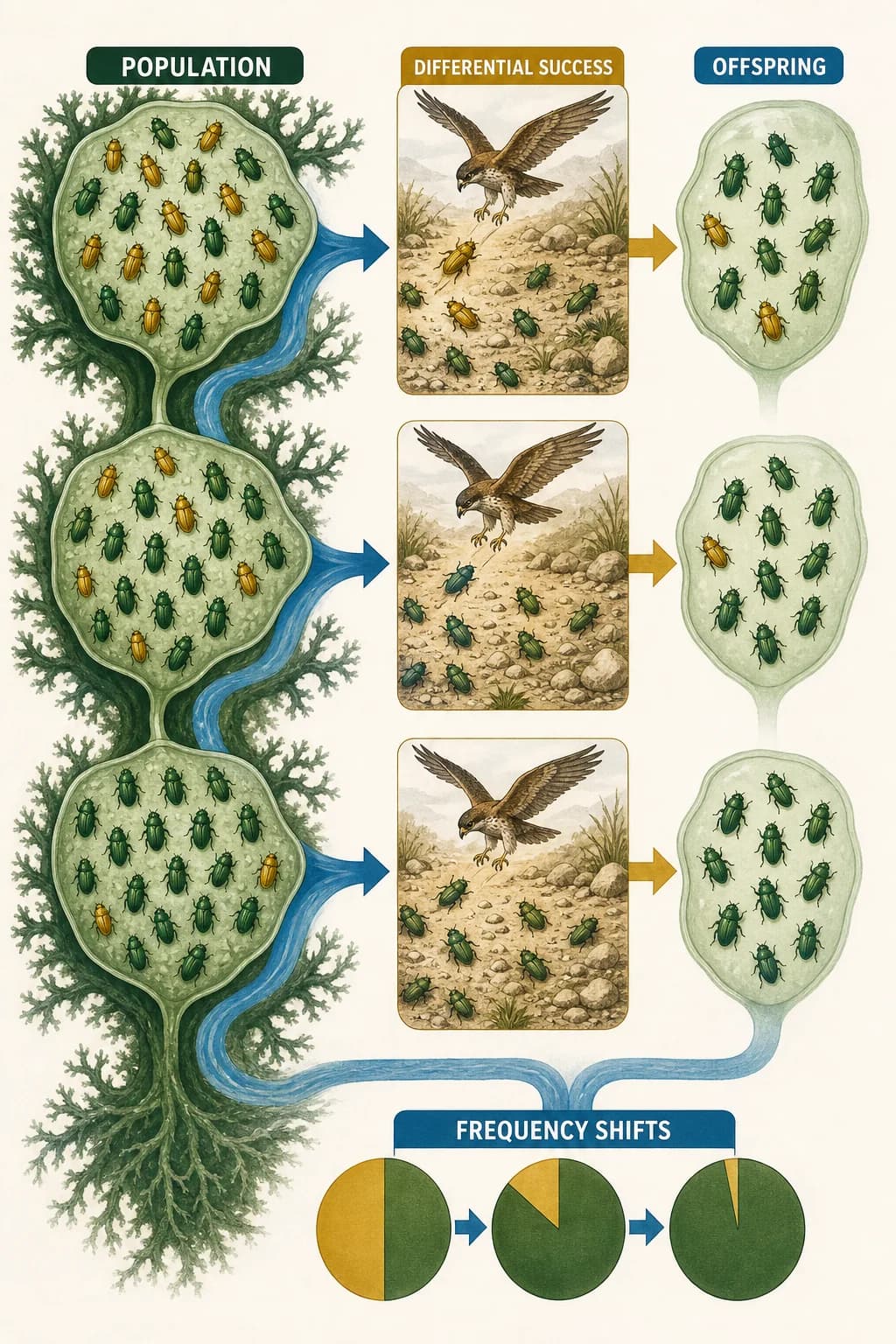 Three generations show two inherited variants starting mixed; one variant leaves more offspring under one environmental condition, so its share grows in the population without any individual transforming.