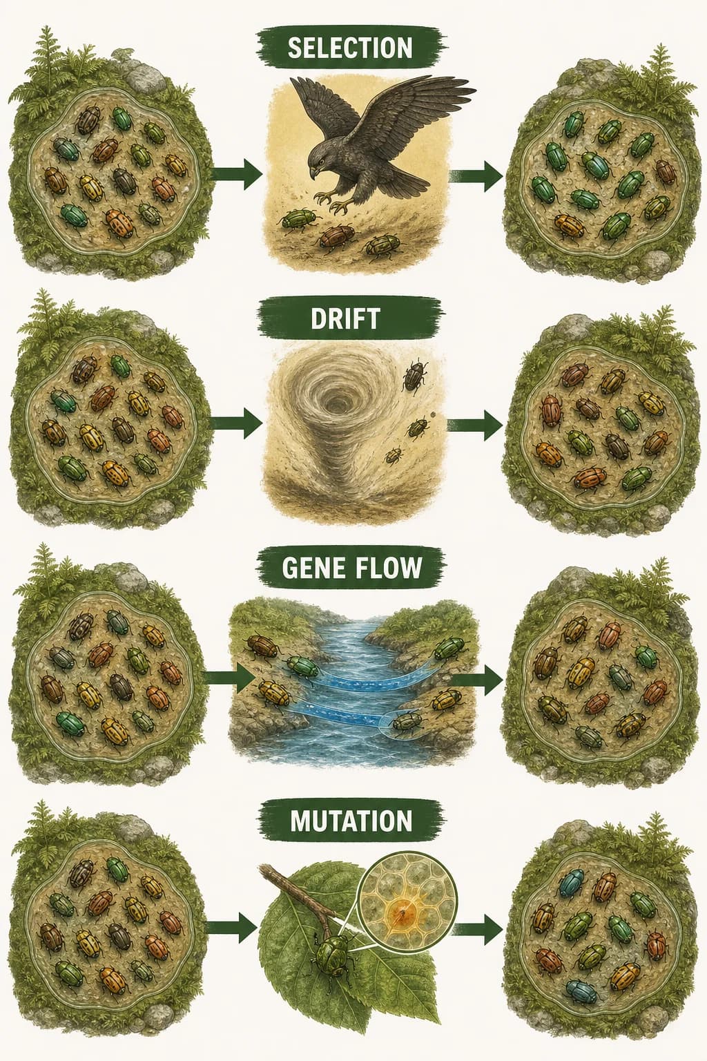 Four parallel miniature population paths compare selection, chance sampling, migrants entering, and a new variant appearing, each ending with a changed mix in the next generation.