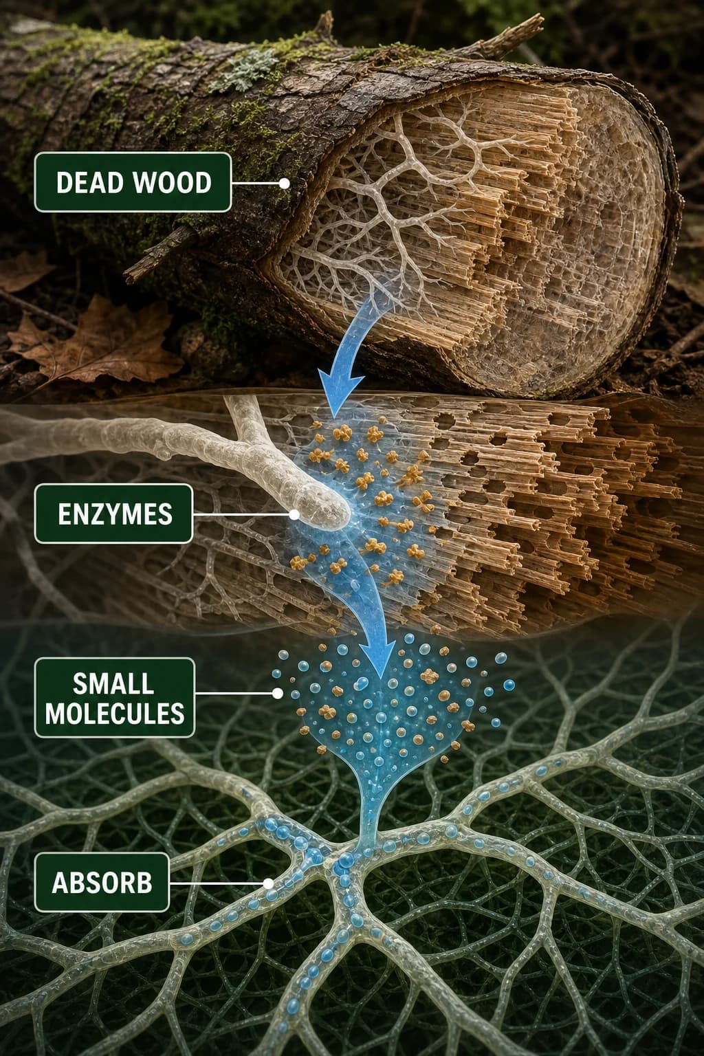 A cutaway fallen branch is penetrated by fungal hyphae; enzymes act beyond the hyphal tips, large wood polymers become small soluble pieces, and absorbed nutrients enter the fungal network.