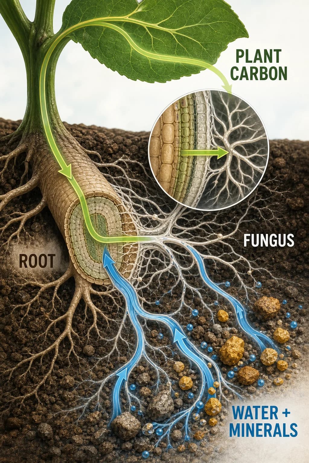 A living root and mycorrhizal hyphae form one exchange interface: carbon moves from leaf to root to fungus, while water and mineral nutrients move from distant soil through fungus toward the root.
