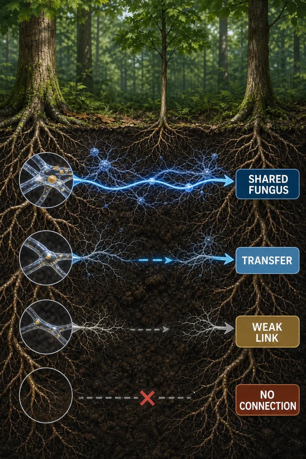 Several roots connect through multiple separate fungal networks with unequal exchanges; one path transfers resources, one is weak, and one doesn't connect, emphasizing conditional instead of universal sharing.