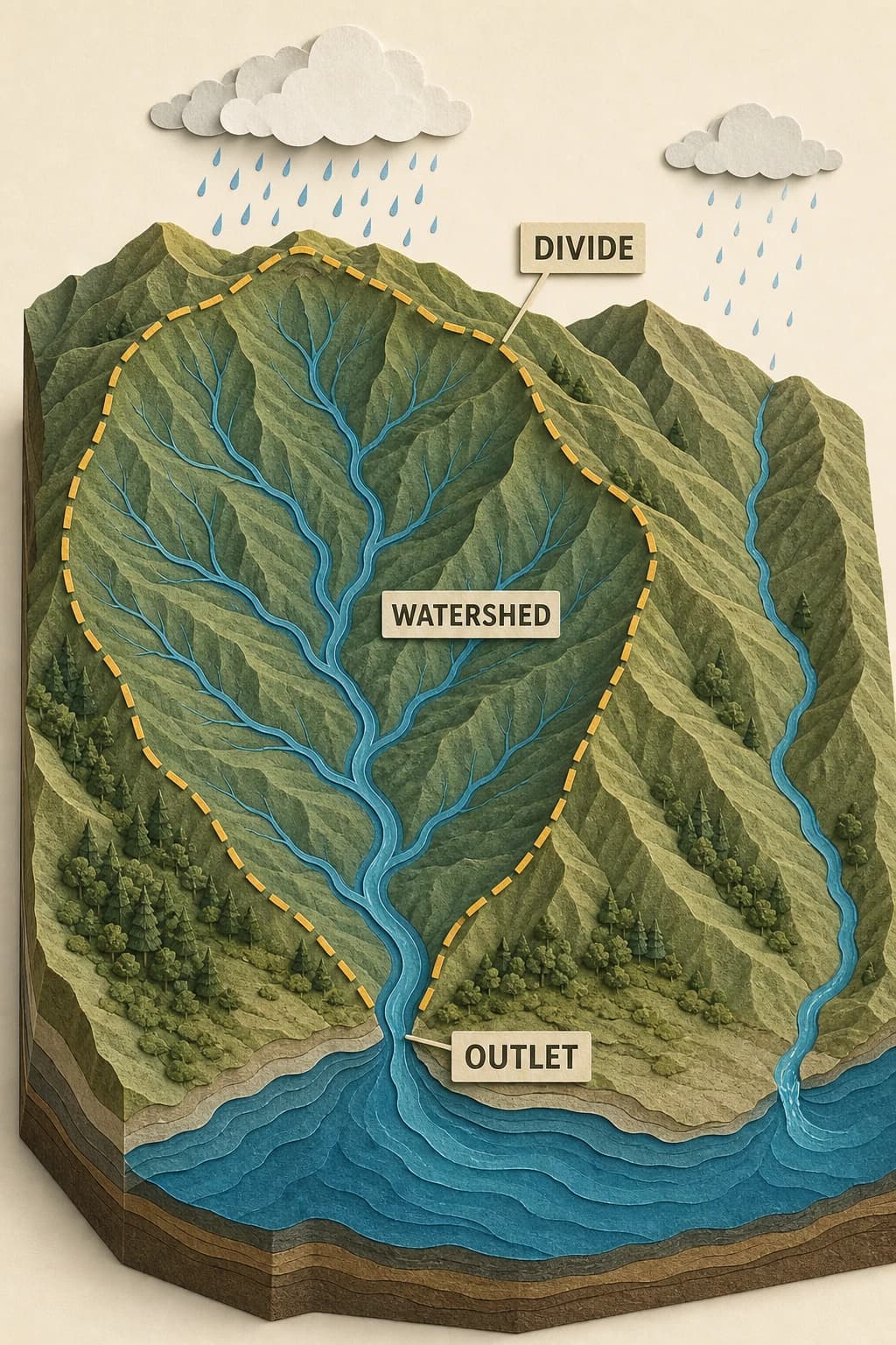 An ochre ridgeline encloses a green drainage area where rain follows blue paths to one outlet; rain landing across the divide flows toward a different basin.