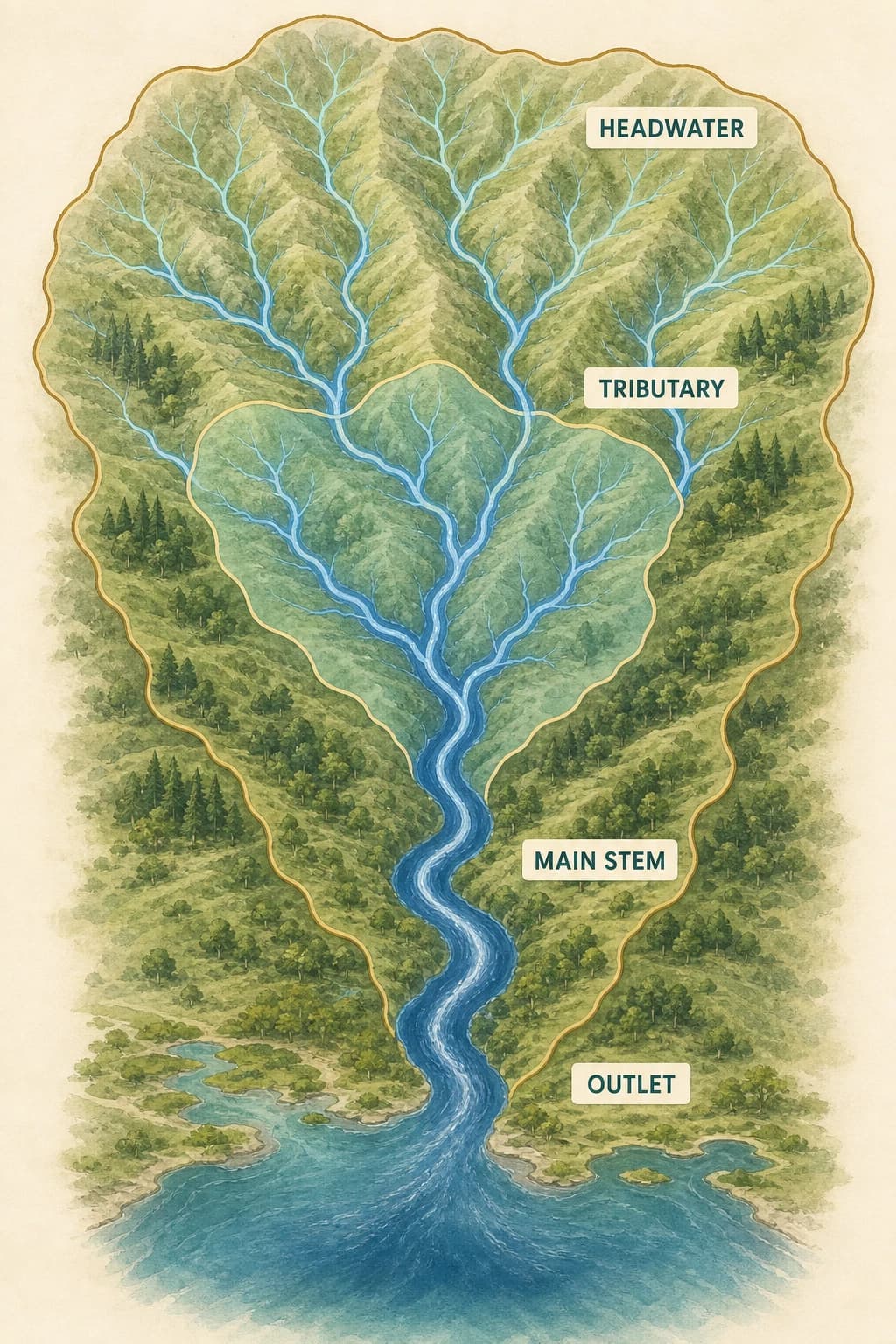 Many narrow headwater channels merge into tributaries and then one wider main stem ending at an outlet, while two translucent boundaries show smaller basins nested inside the larger watershed.