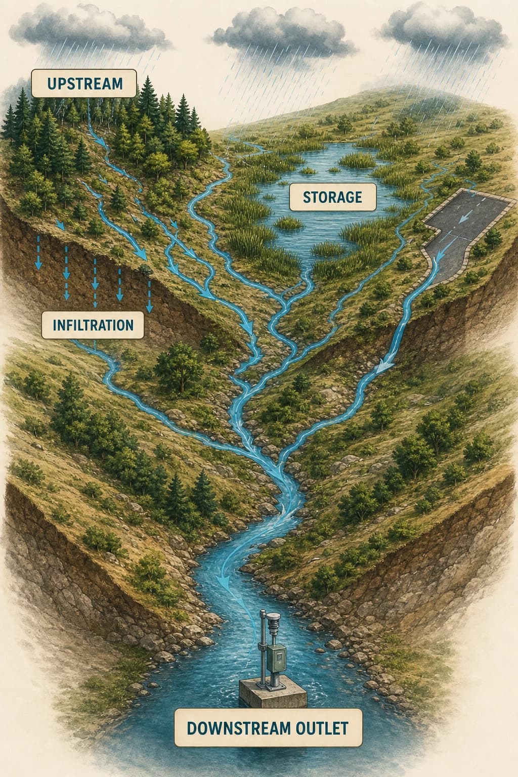 Rain crosses forest soil, a wetland, and a paved patch; some water infiltrates or pauses in storage, while several remaining routes converge through tributaries at one downstream outlet.