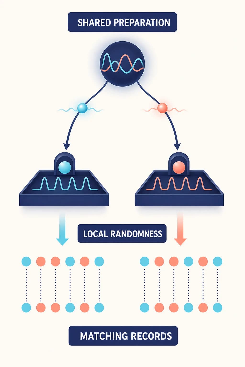 A shared preparation sends two systems to separated measurement stations. Below stations show ONLY TWO dot rows, identical color sequence cyan coral coral cyan coral cyan; connect corresponding positions vertically. No other outcome rows or wave screens. No signal between stations.