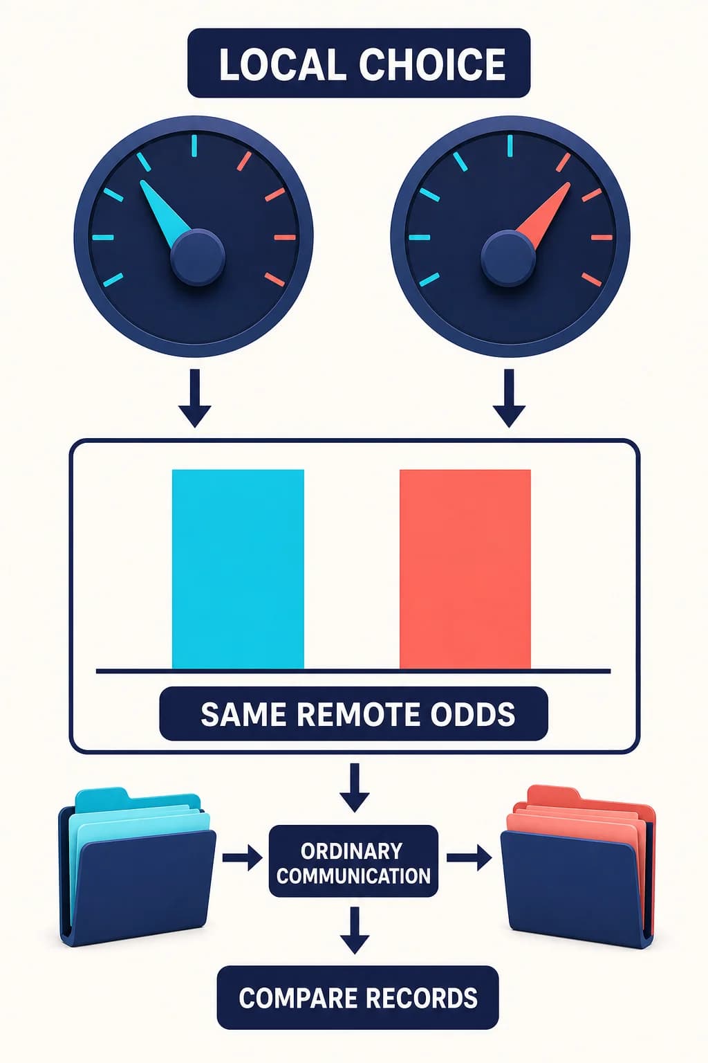 LOCAL CHOICE above two dials at different angles. Beneath them ONE shared wide chart box with two equal-height bars captioned SAME REMOTE ODDS exactly ONCE. Bottom record folders connect through ORDINARY COMMUNICATION to COMPARE RECORDS. No other charts, waves, or bell curves.
