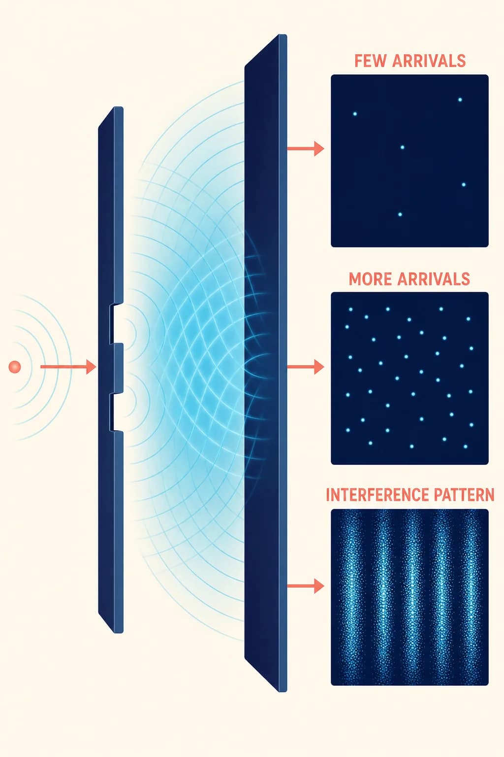 Three successive views of the same detection screen show a few isolated dots, more dots, then many dots forming alternating dense and sparse vertical bands. No continuous particle paths or split electron balls.