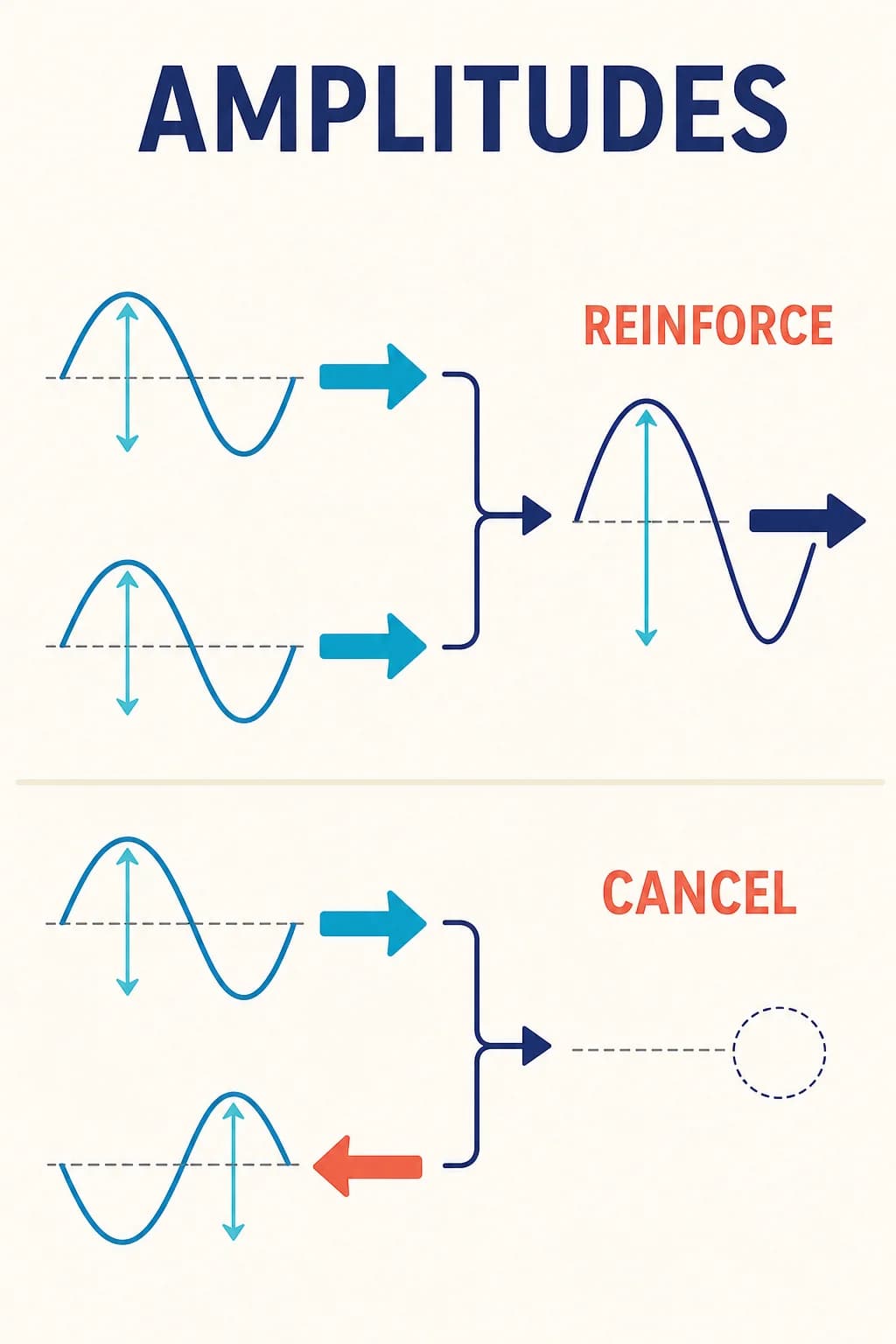 Two conceptual comparisons: equal amplitude arrows pointing the same way combine into a longer arrow; equal arrows pointing opposite ways cancel, leaving an empty result marker. Arrows represent mathematical contributions, not travel directions.