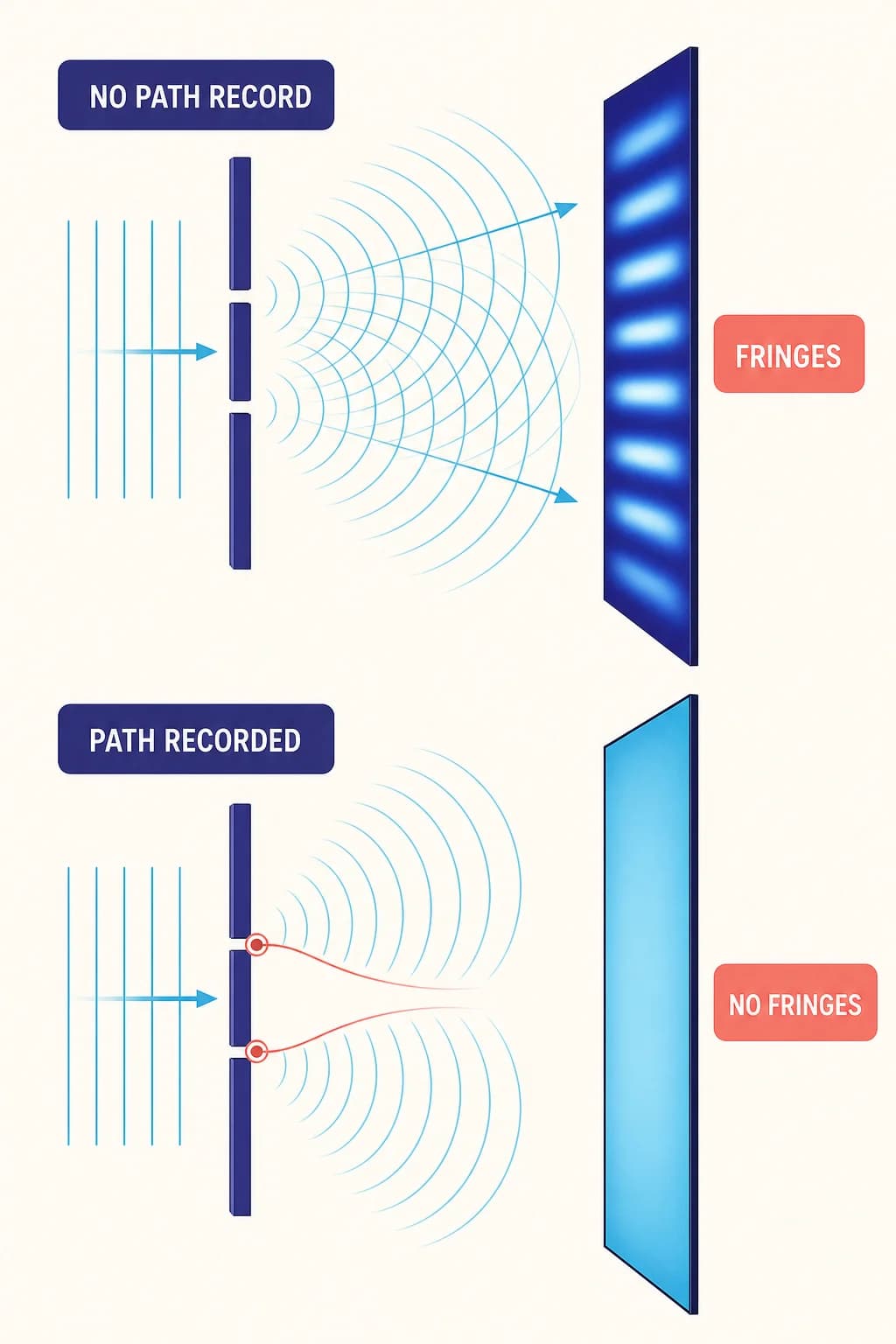 Two schematic cross-section rows: coherent propagation through two slit openings produces fringe bands; path detectors beside the same openings give an unstriped screen. No duplicate screen thumbnails, eyes, or people.