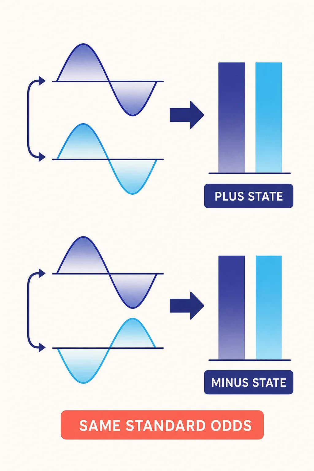 Two abstract amplitude pairs: one pair aligned, the other oppositely oriented. Beside each pair, an identical equal-height two-bar outcome chart. No Bloch sphere, numerals, or equations.