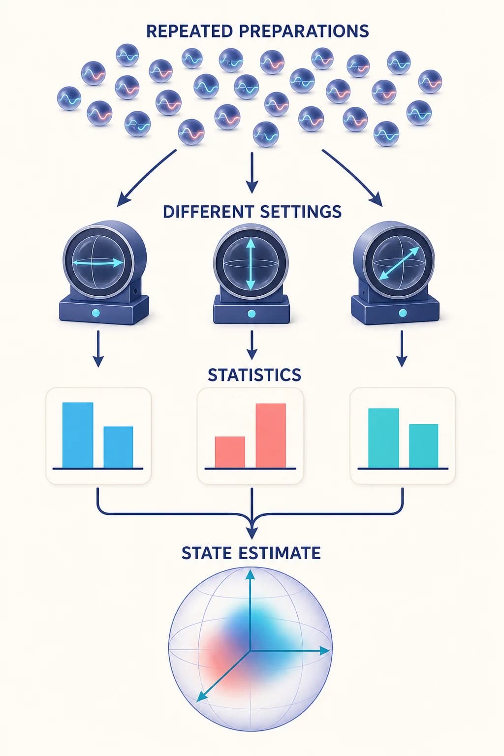 Many independently prepared qubit tokens feed three differently oriented measurement devices; their grouped result charts feed one inferred state illustration. No copying machine and no arrows from one token into multiple tokens.