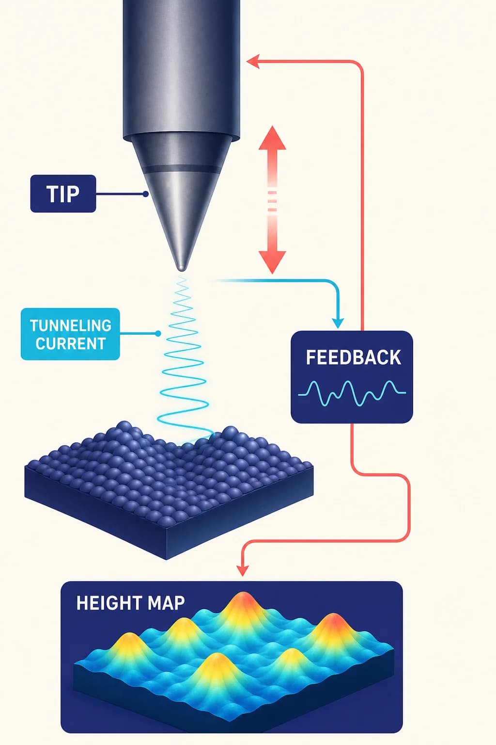 A conducting tip sits above a sample with a visible narrow gap; a current signal travels to a feedback controller, which commands a vertical tip adjustment. A separate schematic surface map is produced from recorded adjustments. No contact between tip and surface.