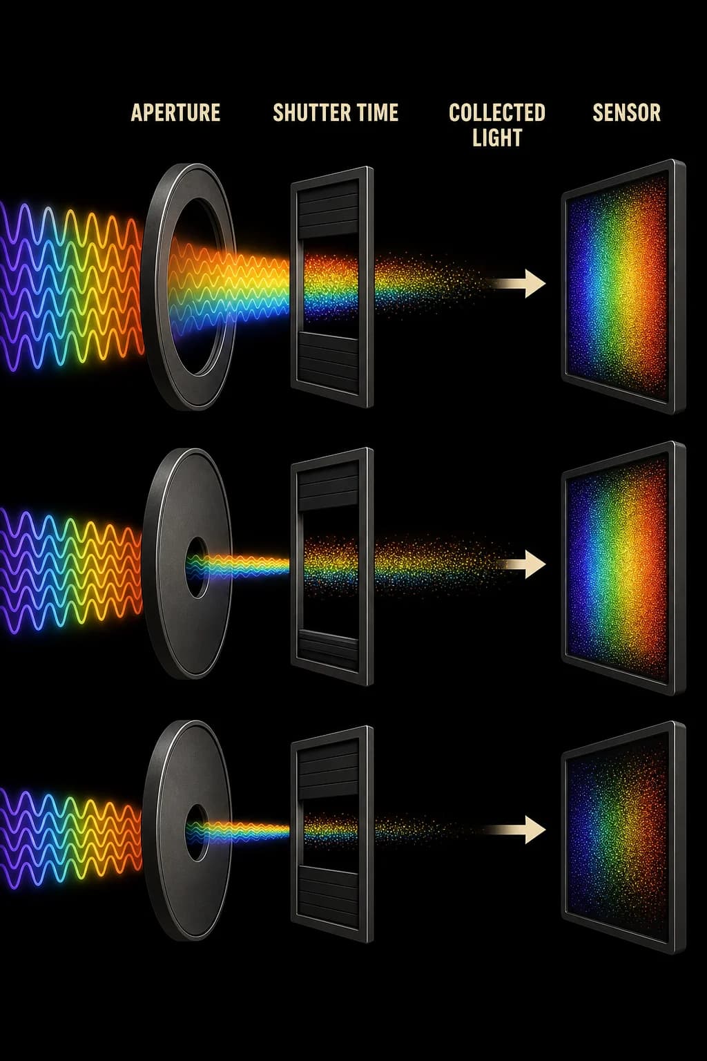 One scene reaches a sensor through three aperture-and-time pairings; wide-short and narrow-long collect similar totals, while narrow-short collects less.
