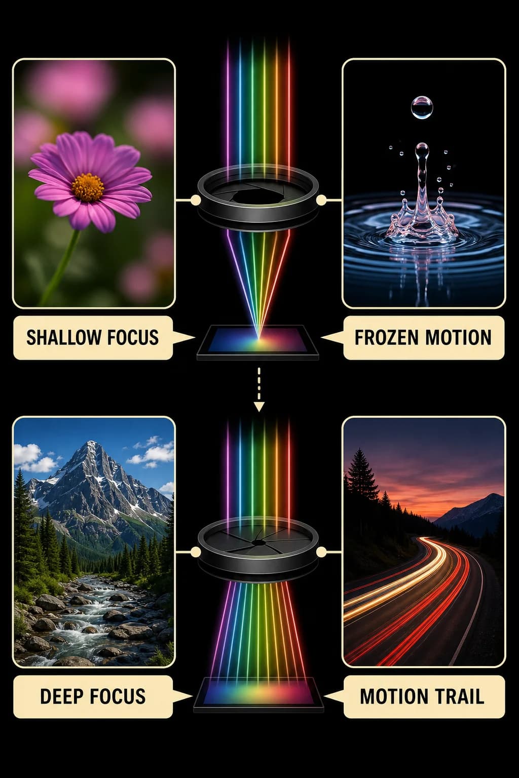 Compare two equally exposed photos: wide aperture plus short time gives shallow focus and frozen motion; narrow aperture plus long time gives deep focus and a motion trail.