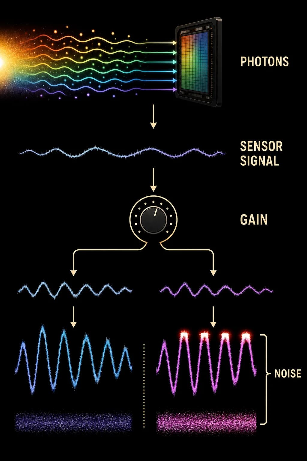 A photon stream becomes a weak sensor signal; low and high gain enlarge the same input, with high gain enlarging noise and reaching highlight clipping sooner.