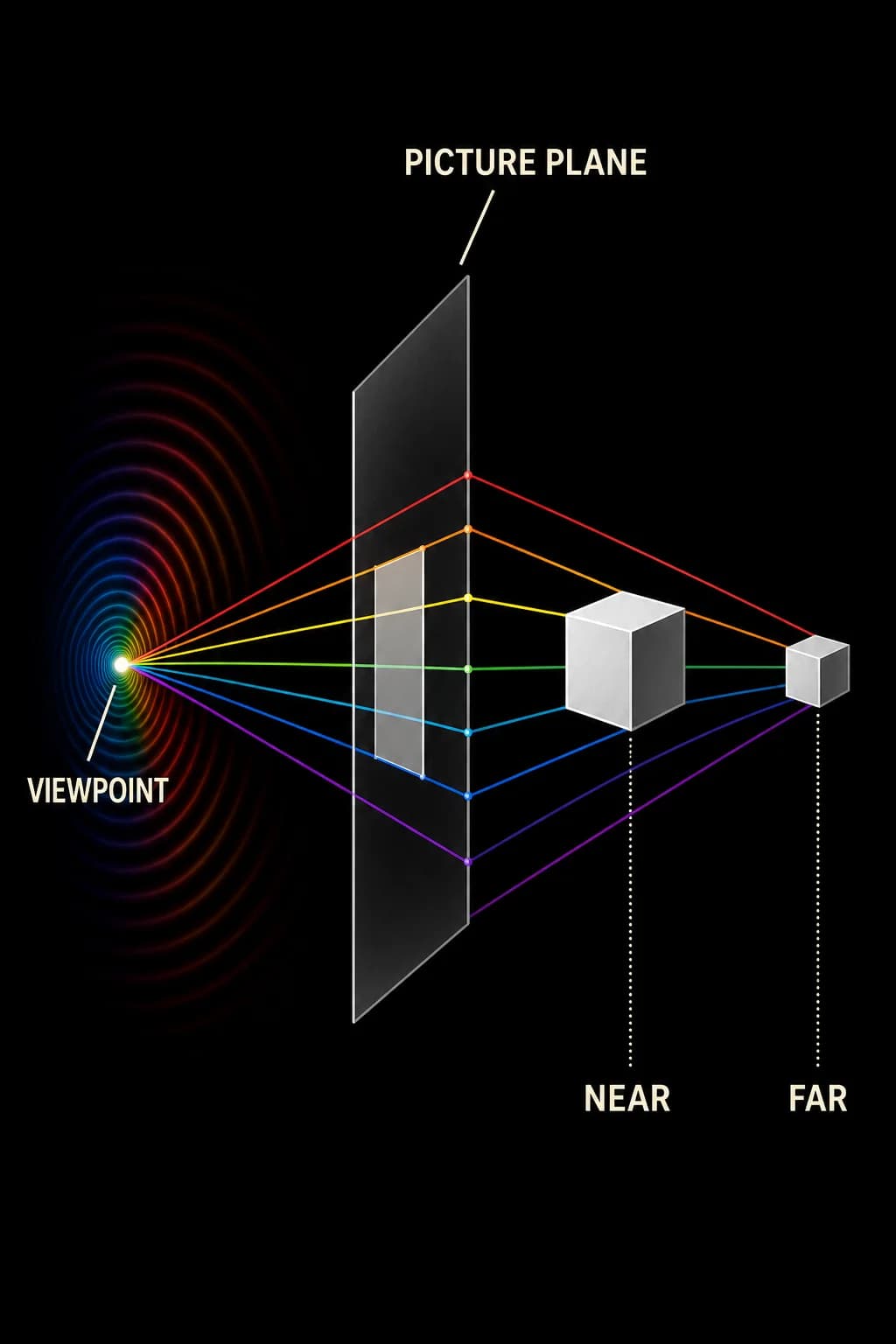 A single viewpoint sends rays through a picture plane to identical near and far objects; the farther object projects smaller while straight edges stay straight.