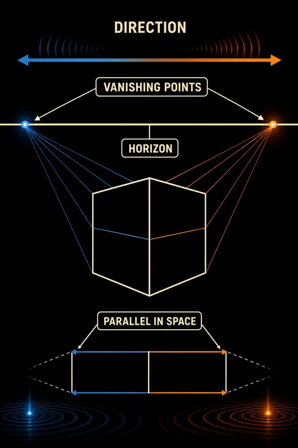 Two-point perspective only. Put blue left and orange right dots directly ON one bold cream horizontal horizon. Receding box edges converge to those dots; vertical edges stay vertical. Label both dots once as VANISHING POINTS.