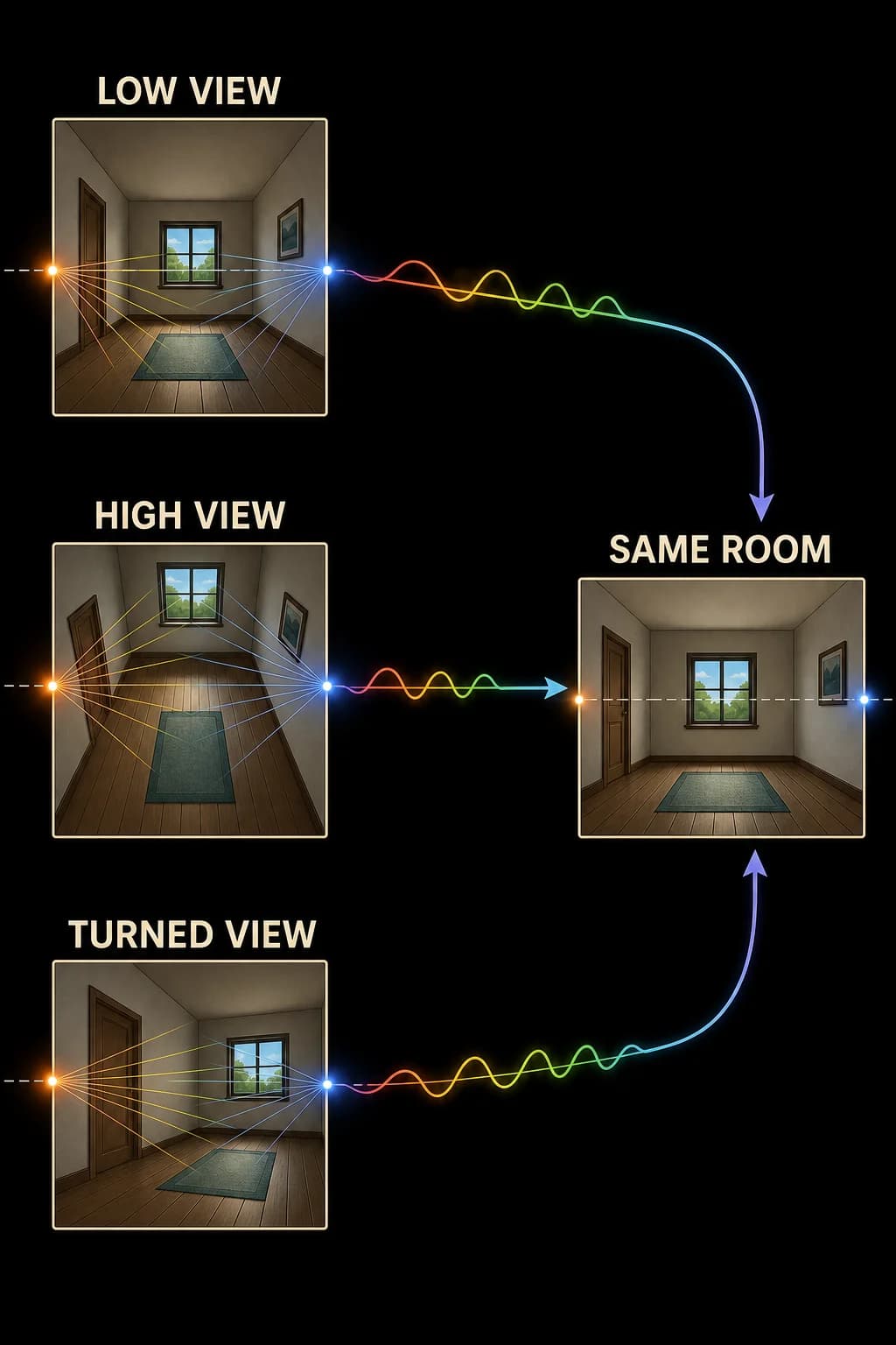 The same room is projected from low, high, and turned viewpoints; horizon height and vanishing points move together while the room itself remains unchanged.