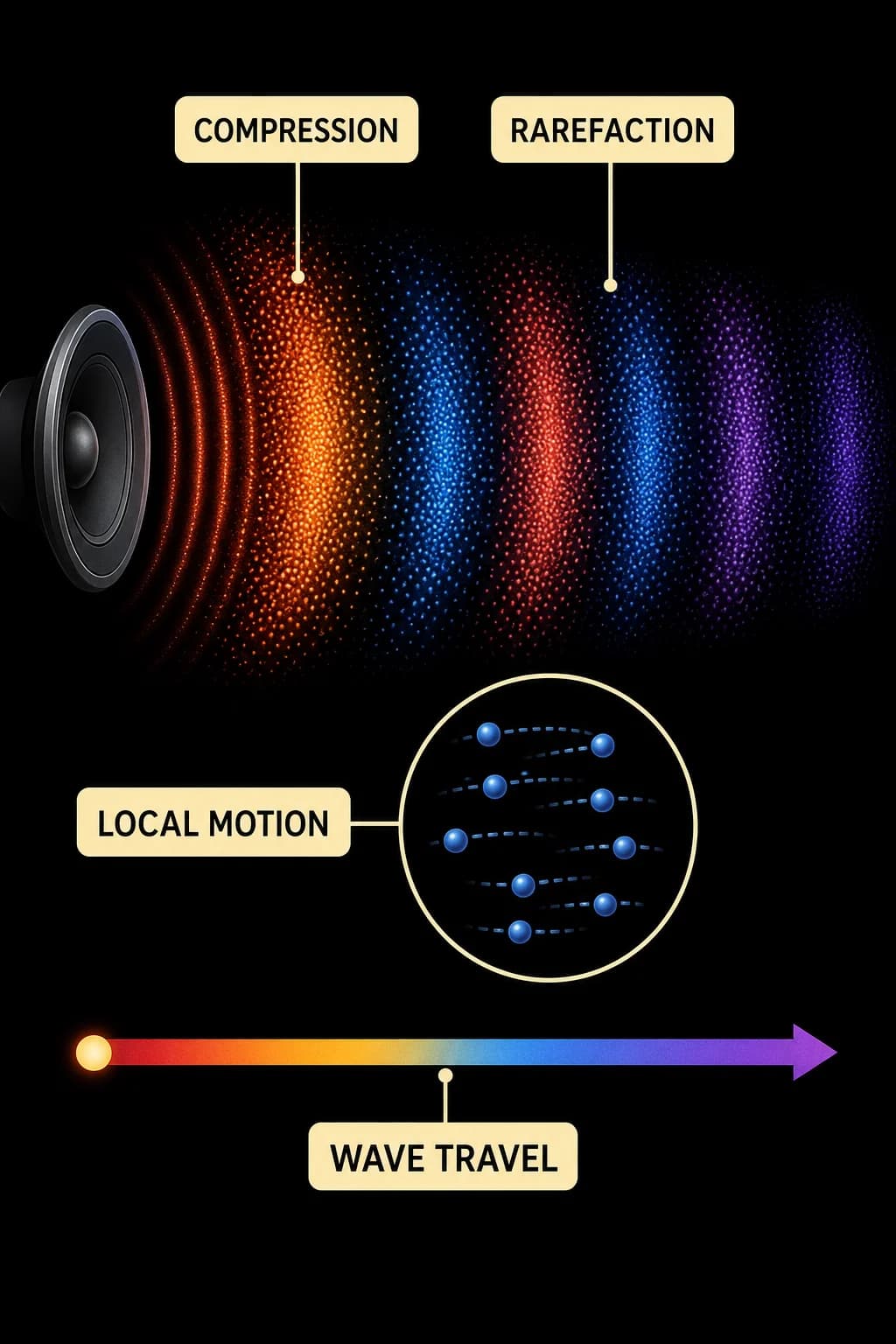 A source creates moving compression and rarefaction bands; small air particles show short back-and-forth trails while one wave arrow advances much farther.