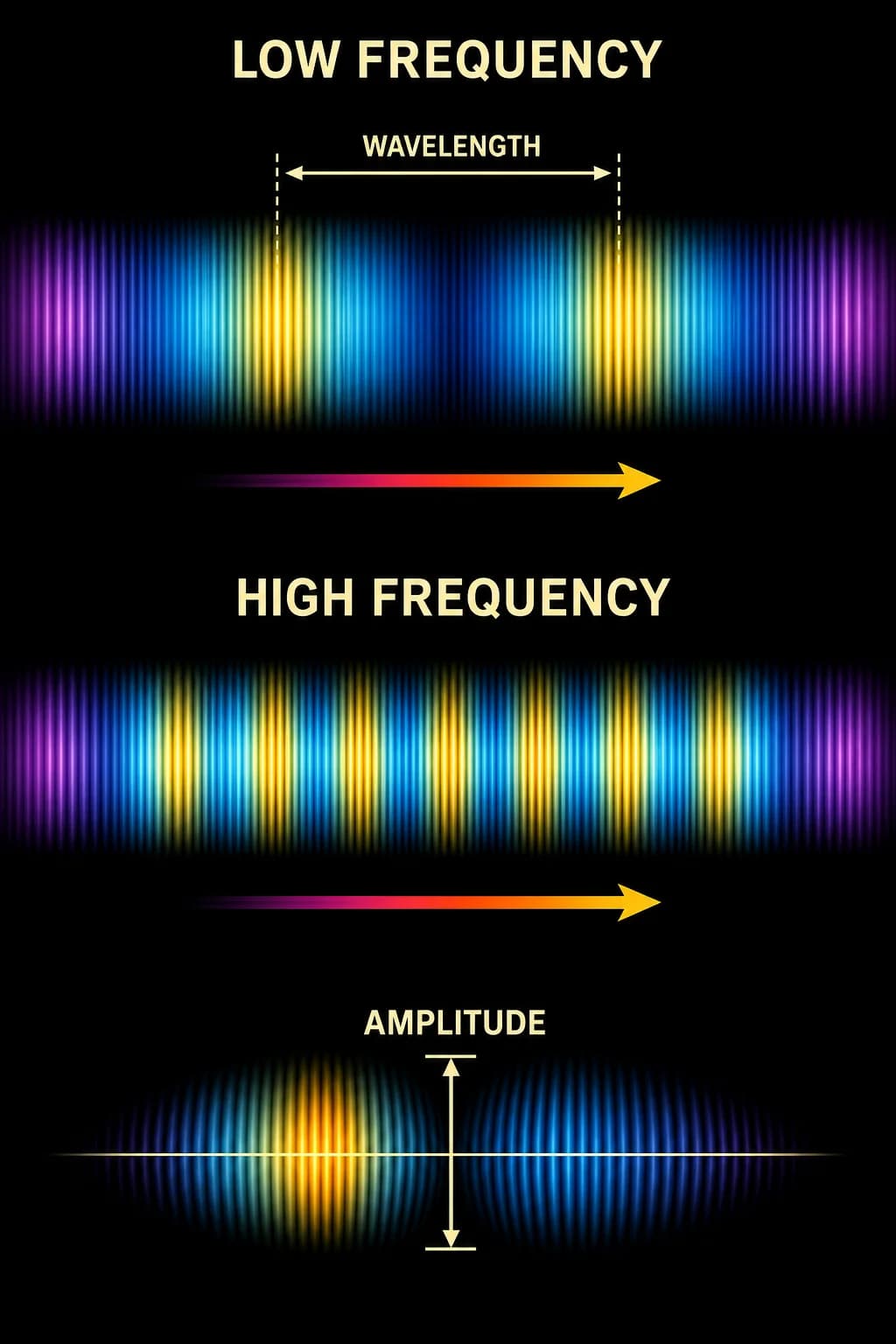 Compare low and high frequency pressure bands moving at equal speed: low has wide spacing, high has narrow spacing; a separate bracket marks pressure amplitude.