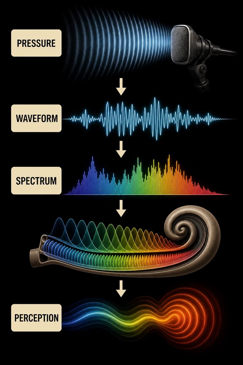 A pressure wave enters a microphone, becomes a waveform and spectrum, then passes through a nonlinear hearing filter before perceived pitch and loudness.