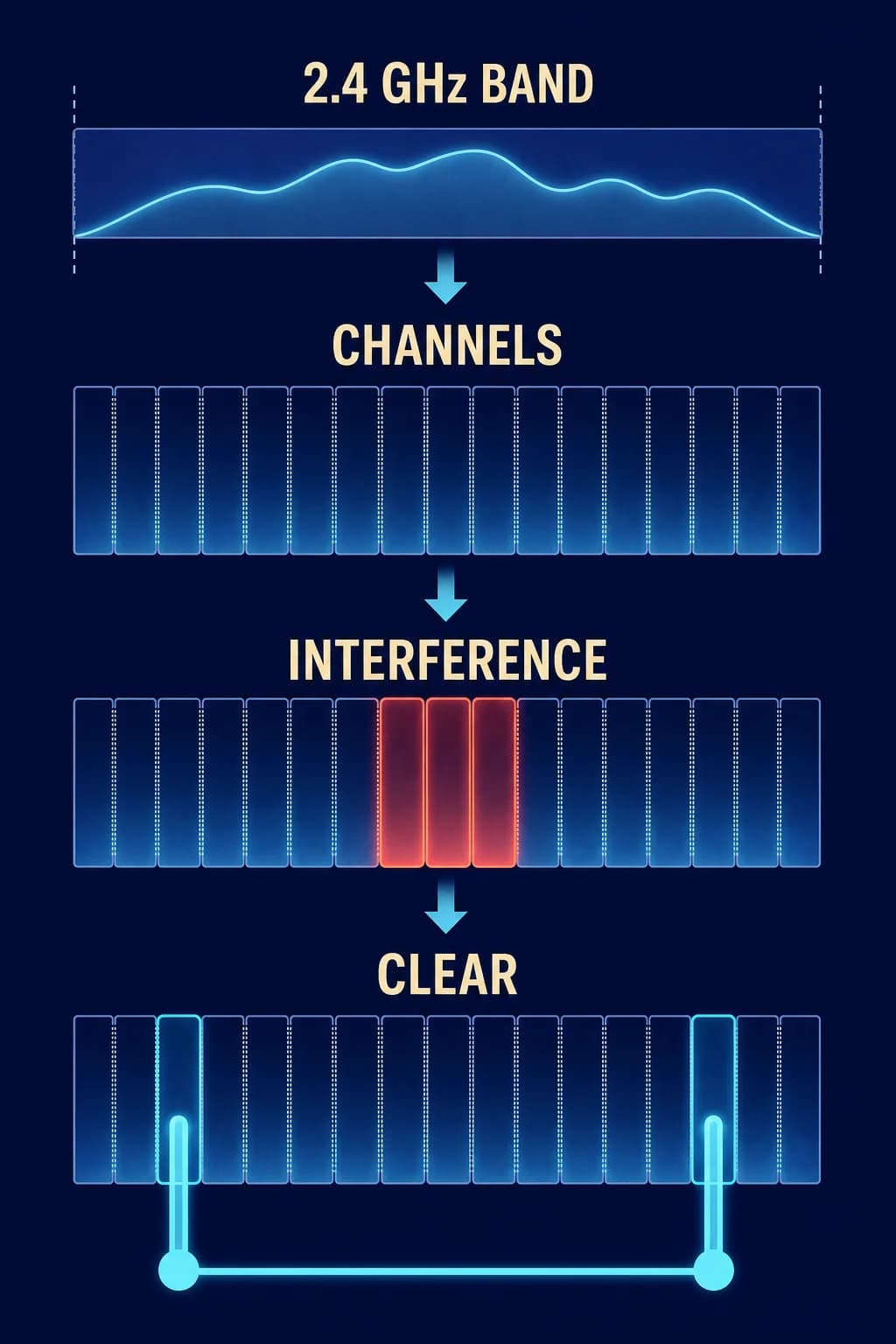 A wide shared radio band is divided into many narrow channel columns; interference occupies only a few columns while other channels remain clear for a generic radio link. End the path at two plain geometric endpoint dots, with no Bluetooth rune, wireless icon, logo, or brand symbol.