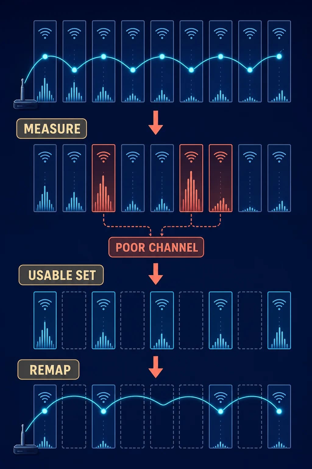 A hopping route first visits all channel columns, then a feedback map marks interfered columns as poor and redirects later hops through the remaining usable channels.