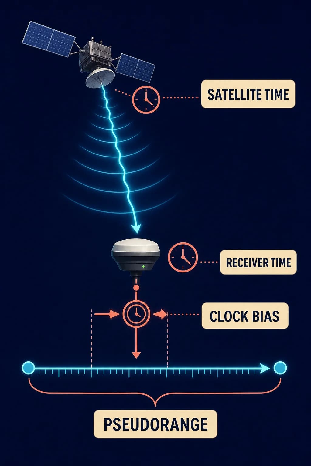 A satellite timestamp travels to a receiver; a small receiver-clock offset is magnified along a light-speed ruler into a large apparent range error shared by the measurement.