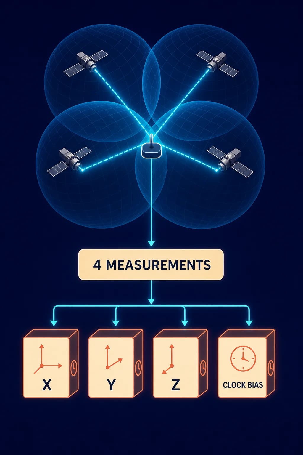 Four satellite range surfaces converge on one receiver while four linked unknown boxes show three spatial coordinates plus one common clock bias.