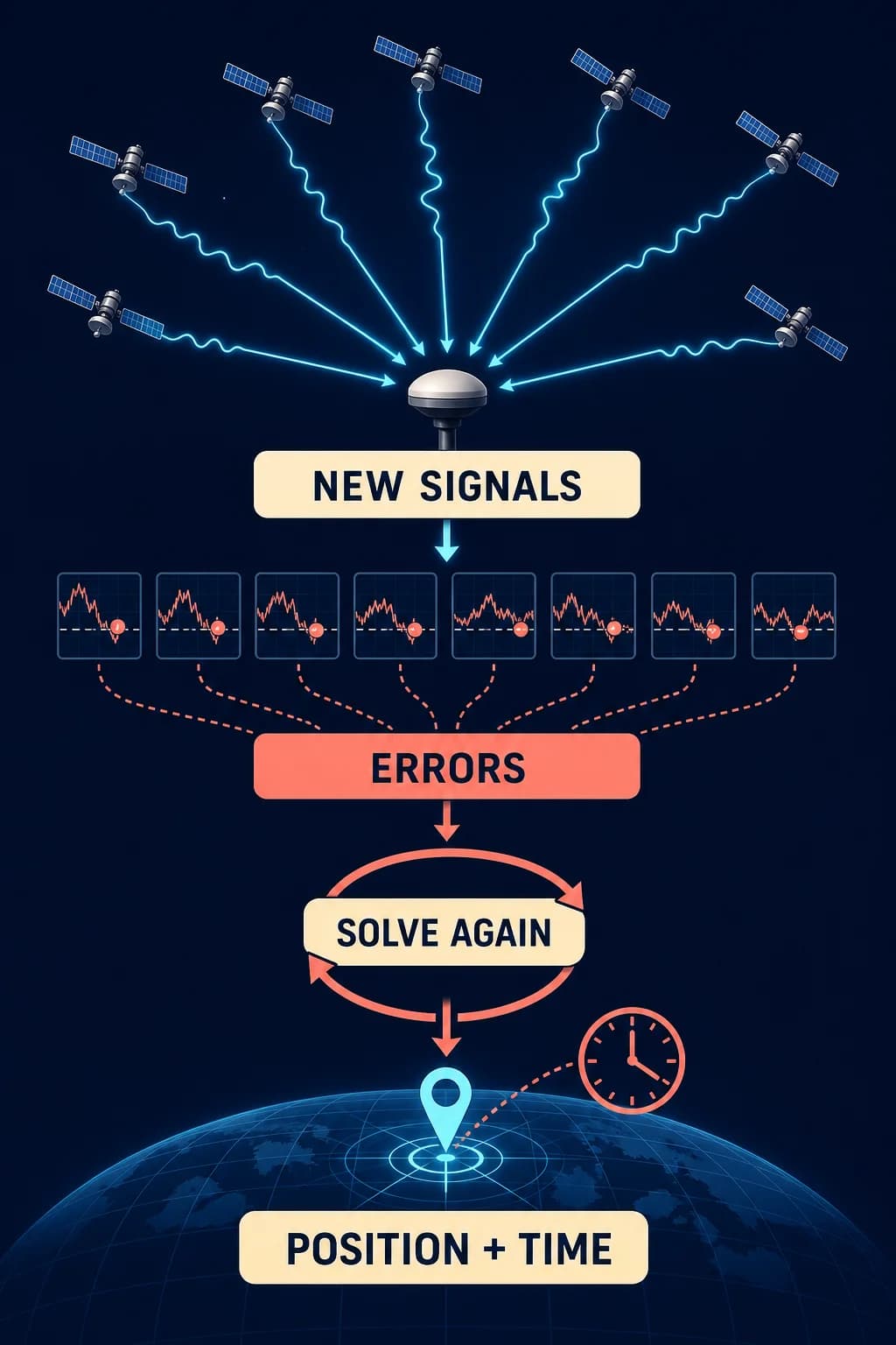 Successive fixes use many moving satellites; noisy pseudoranges feed a repeated solver that outputs an updated position and corrected receiver time.