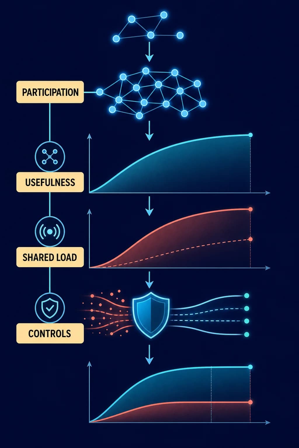 Two curves rise as a network gains nodes: useful reach increases, but shared load and unwanted traffic also grow until capacity and trust controls intervene.