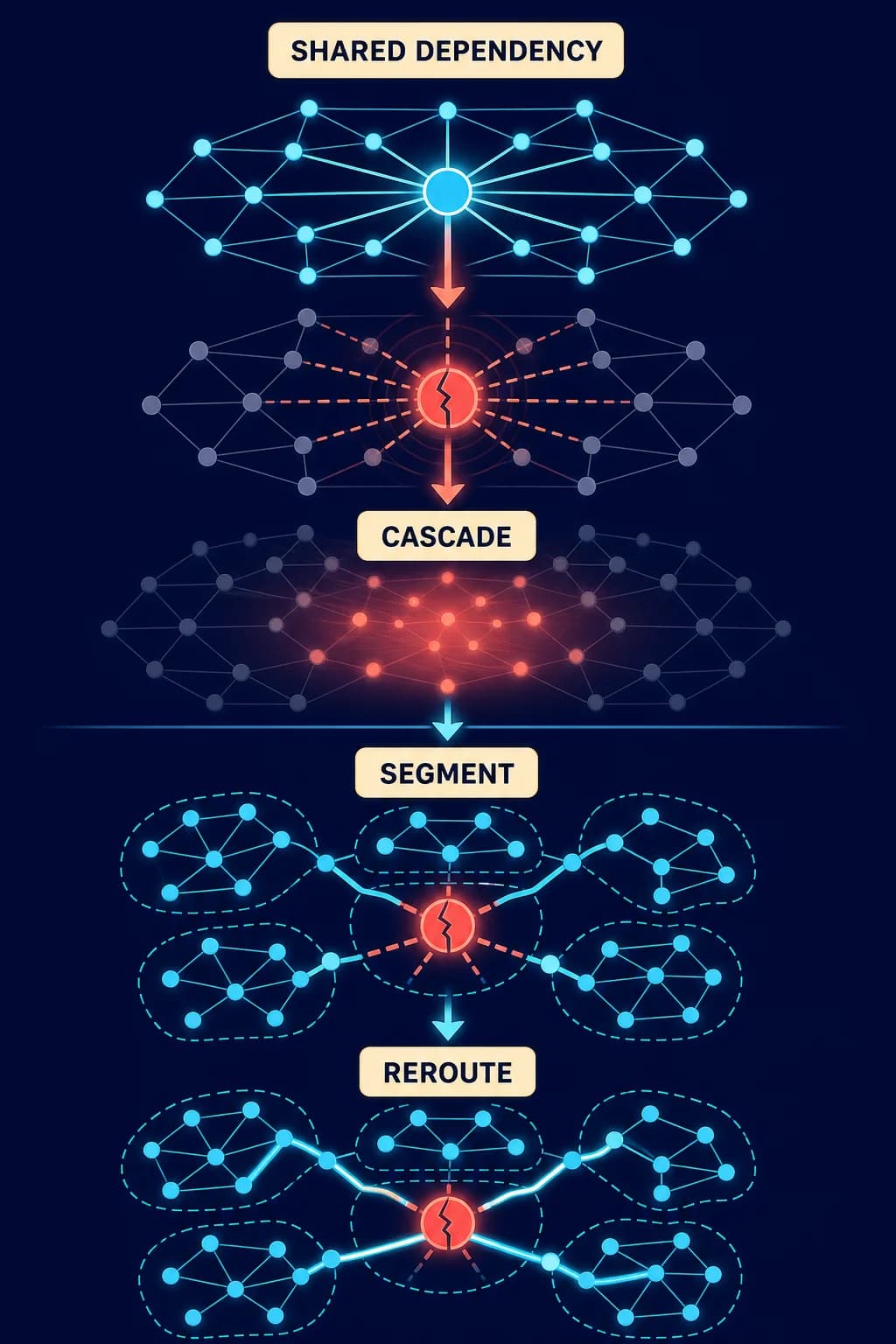 A dense network compares two designs: one central hub failure cascades outward, while a segmented network contains the same failure and reroutes essential paths.